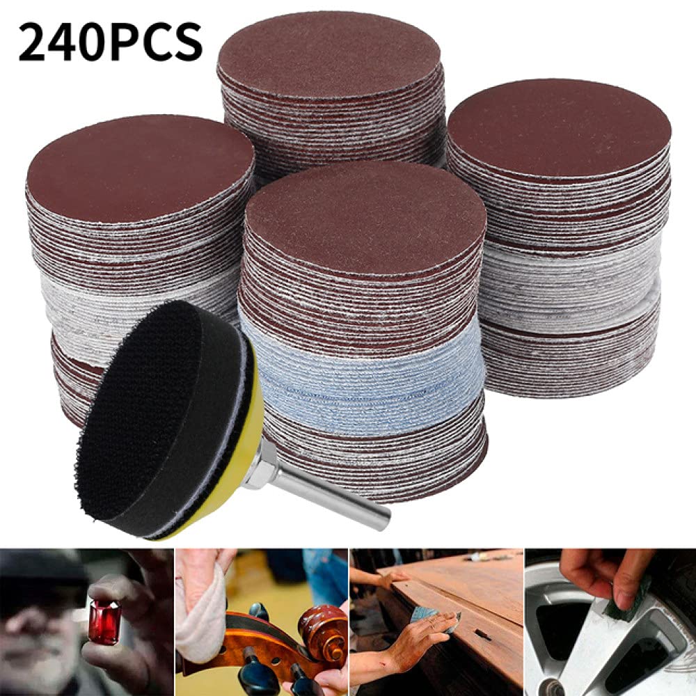 Papel de lija de 2 pulgadas 80/180/240/320/800/3000 Granos Juego de discos de lijado Almohadilla de lijado de bucle de 50 mm con vástago de 3 mm para pulir la herramienta de limpieza, 240PCS 60,3