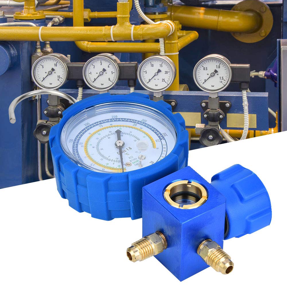 Air Condition Manifold Gauge, Vacuum Pressure Temperature Leakage A/C Refrigeration Tester with Sight Glass G1/4 for Multiple Refrigerants