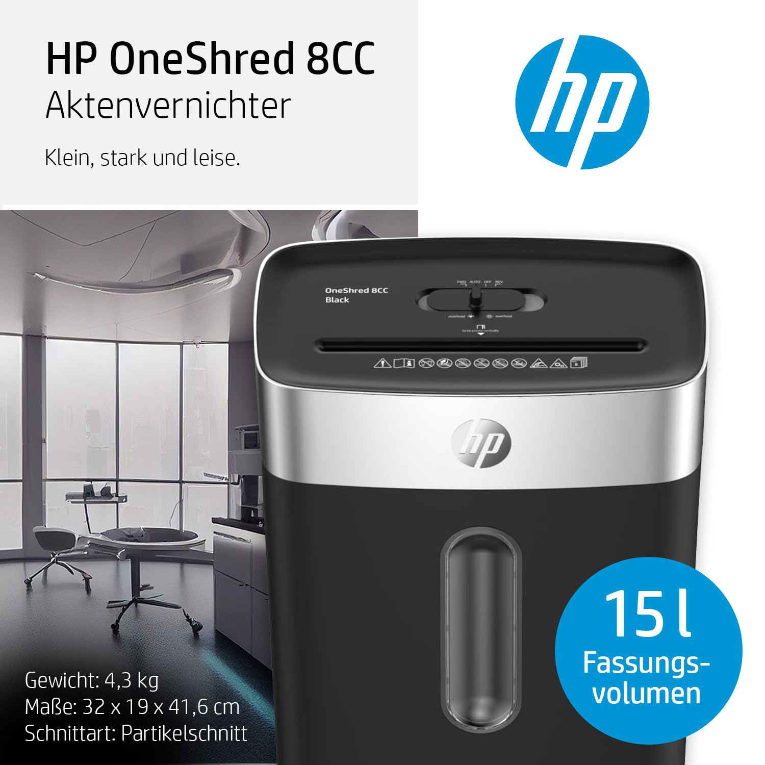 HP OneShred 8CC Black Paper Shredder Safety Level P-4 Cross Cut 8 Blades Black Silver