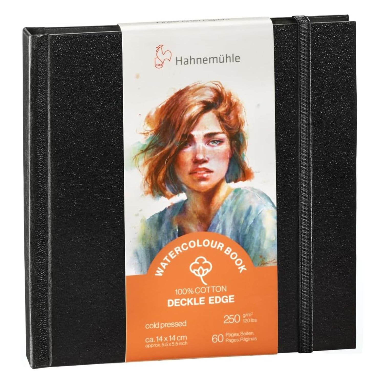 Hahnemühle Watercolour Book Deckle Edge Watercolour Book with Ripped Edges, 100% Cotton, 250 g/m², Matte, 30 Sheets/60 Pages (approx. 14 x 14 cm)