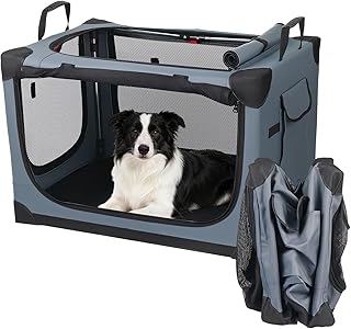 Hundebox faltbar 75x54x50 cm, Transportbox für große Hunde, Hundetransportbox Auto mit 4 Türen aus Netzstoff, Transporttasche Haustiertransportbox für Zuhause & Reise