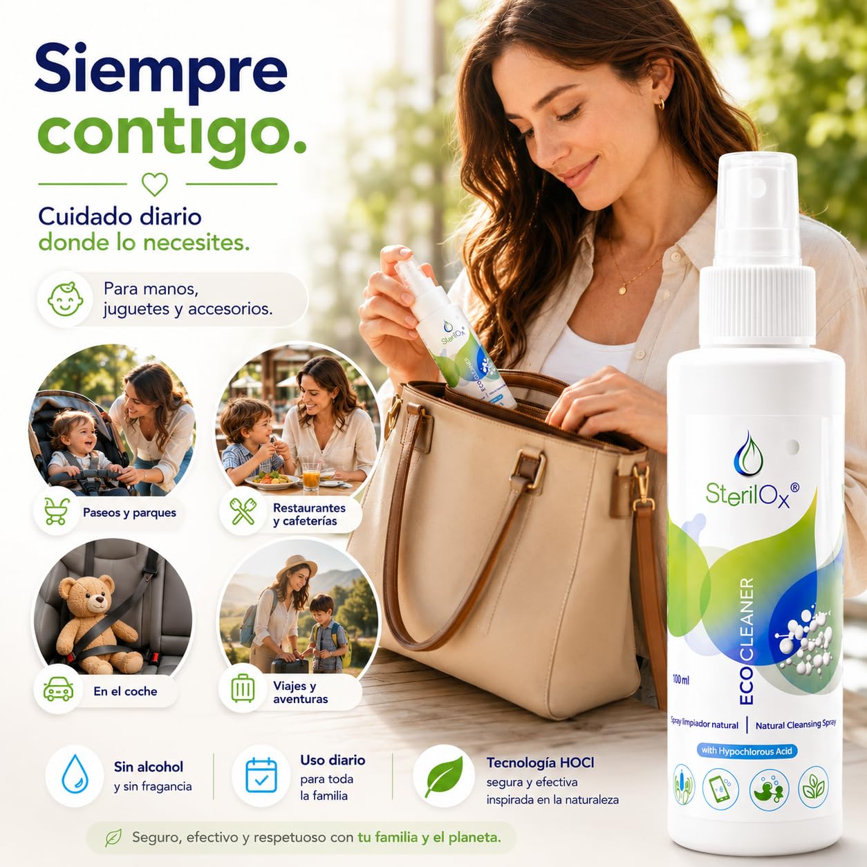 Spray Natural para la Piel y Accesorios – Con Ácido Hipocloroso (HOCl) – Sin Alcohol ni Perfume – Suave y Seguro para Bebés, Niños y Piel Sensible – 100 ml