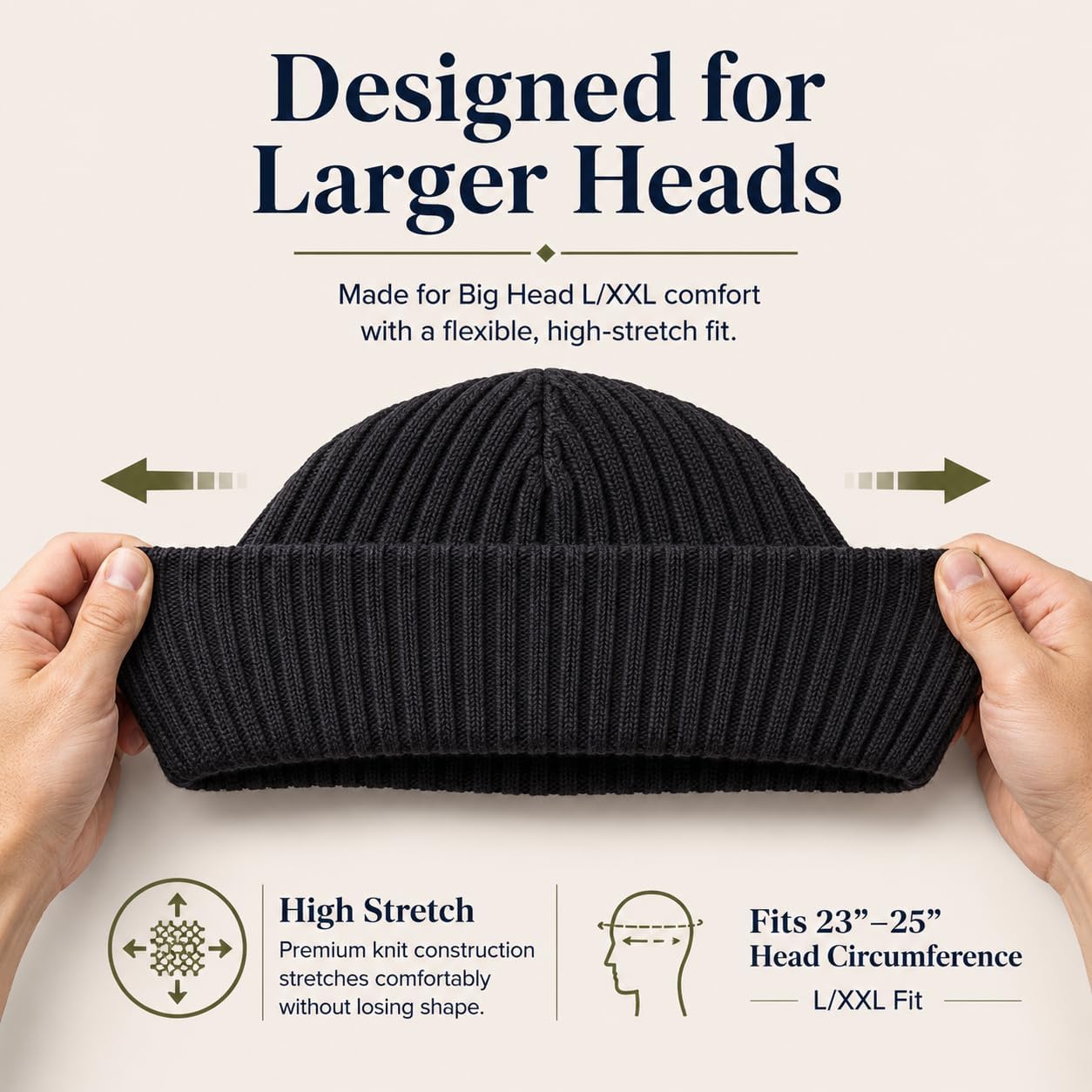 Big Head L/XXL Wool Blend Warm Beanie for Men, Chunky Knit Texture, Warm Stretchable Skull Cap Winter Hats