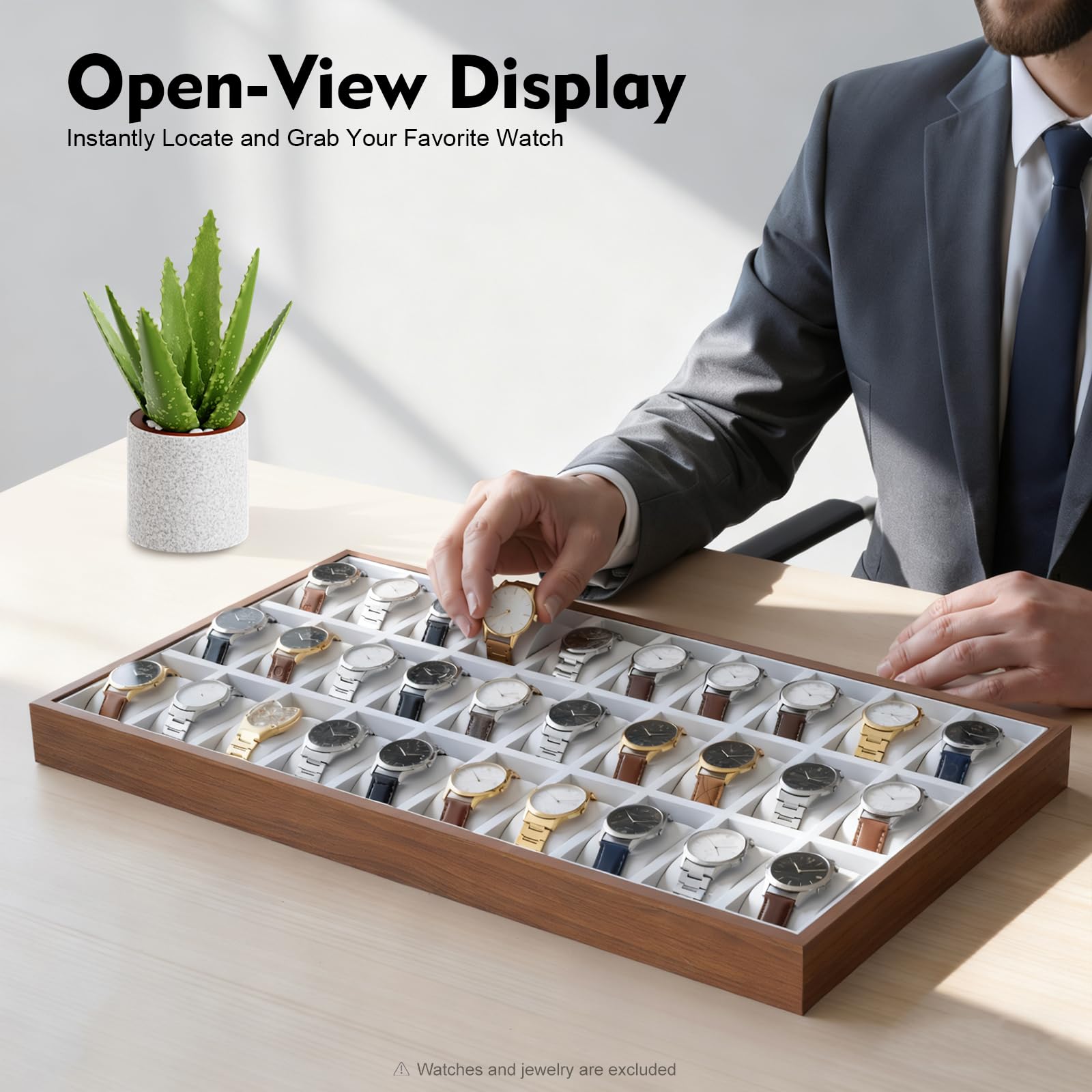 Madelynn Caja para relojes con 30 compartimentos, caja de 53,5 x 29,2 cm, organizador de MDF, caja de reloj con cojín suave, para relojes y joyas, regalo para coleccionistas