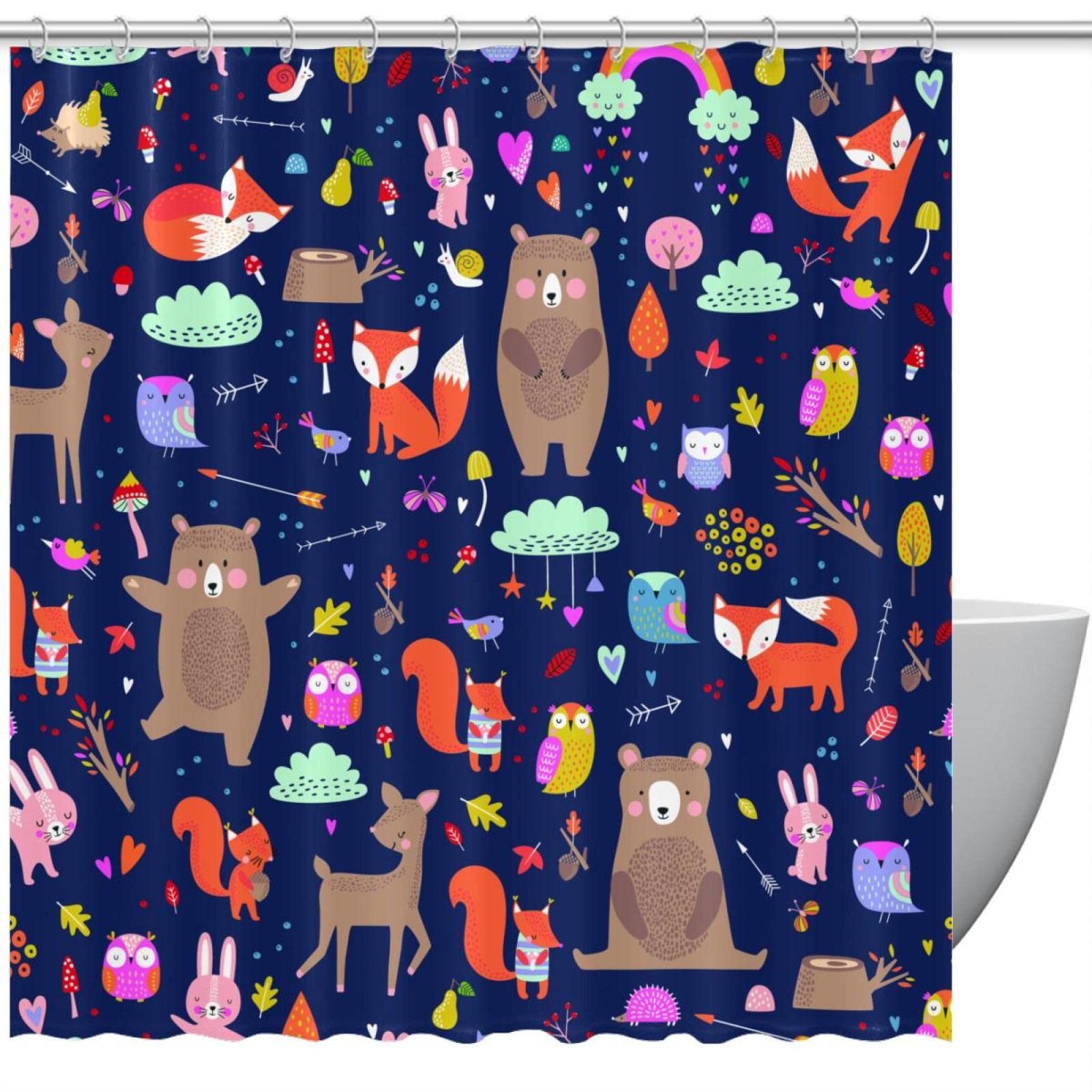 Rideau de douche imperméable motif animaux de la forêt 168x183 cm