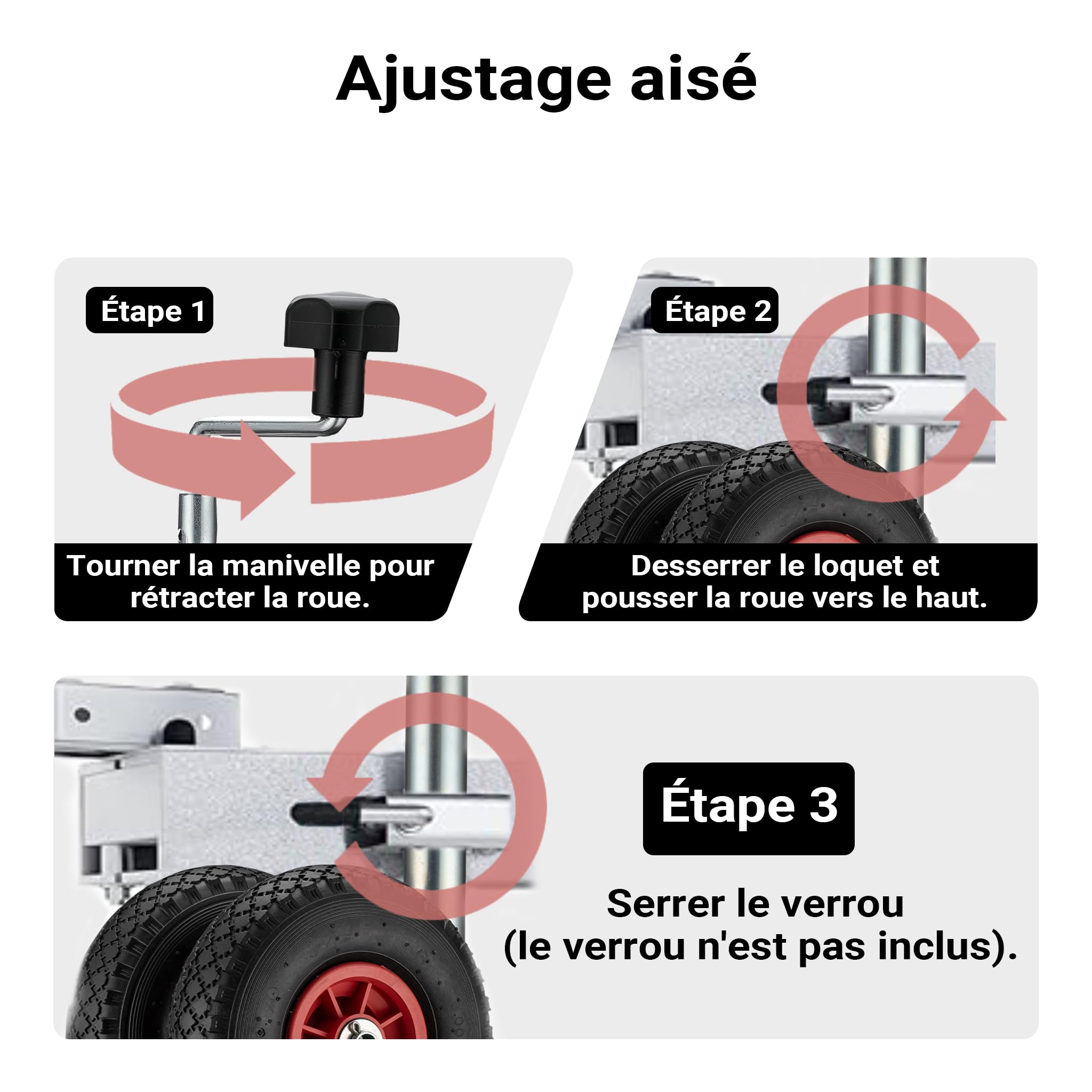 Wiltec Roue jockey double – 290 x 230 x 860 mm – Hauteur ajustable 66-86 cm – Capacité max de 200 kg – Roulette avant pour Voitures Remorques Caravanes avec manivelle