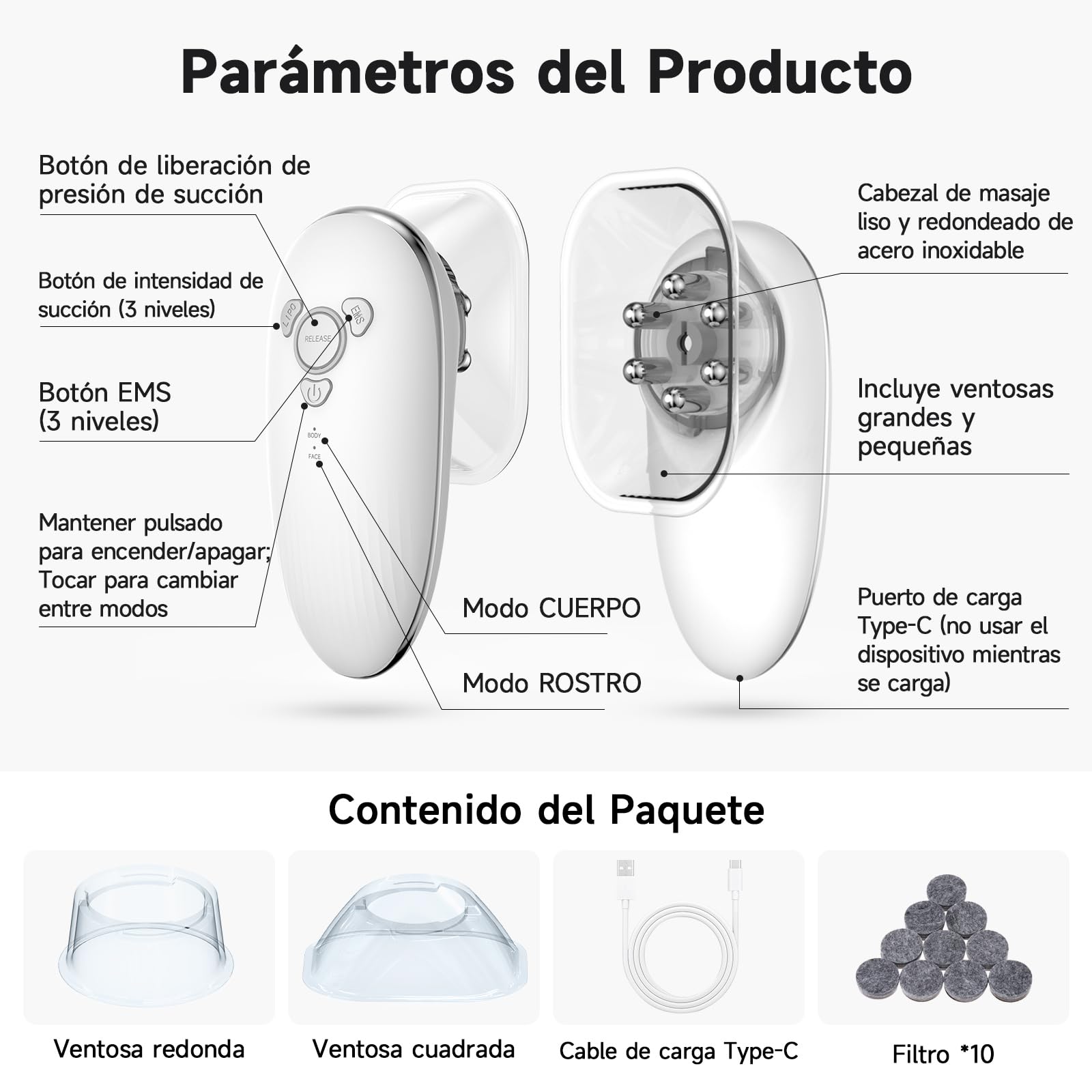 Ventosas 3 en 1 anticelulítico | Ventosas, EMS, luz roja. Abdomen/piernas/glúteos, 3–5 min/día, piel firme