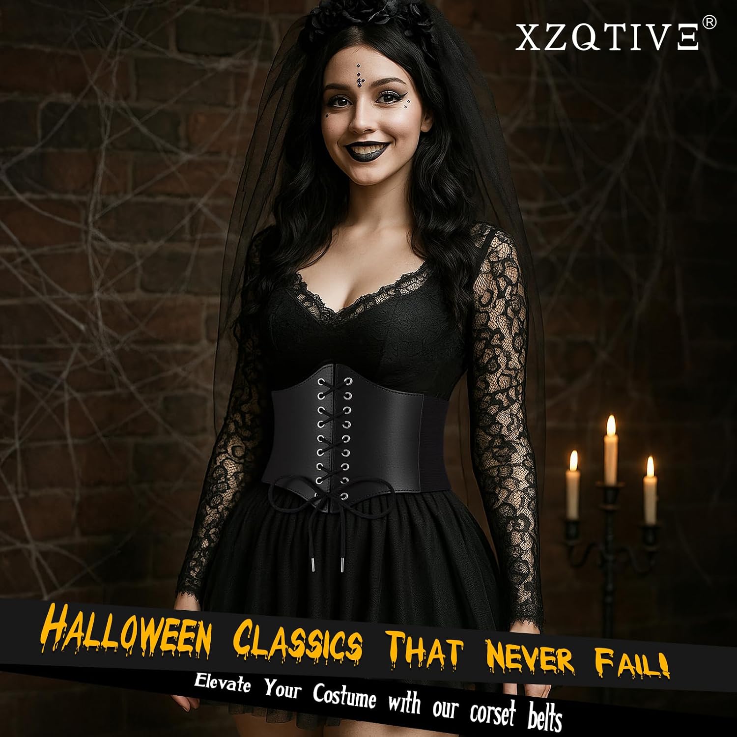 XZQTIVE Black Corset Waist Belt for Women, Wide Elastic Tie Waspie Belt for Dresses 4.7inch