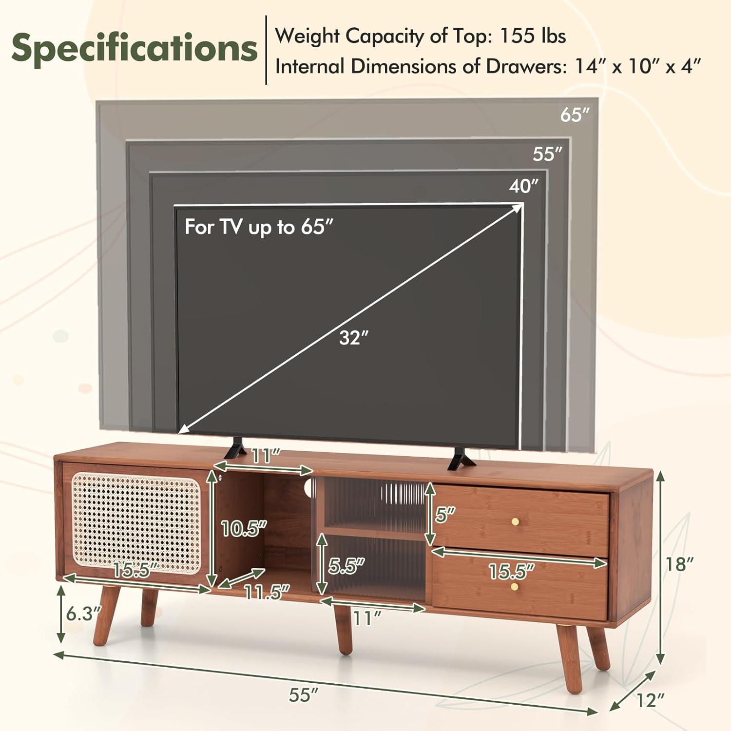 Tangkula Mid Century Modern TV Stand for TVs up to 65", Bamboo Entertainment Center w/Glass & PE Rattan Sliding Doors, 2 Drawers, Adjustable Shelf, Wood Legs, Media Console (Bamboo 2-Walnut)