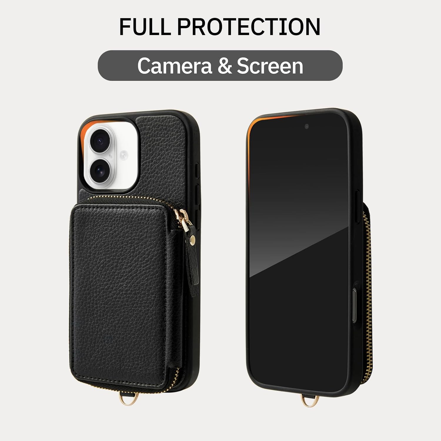 ZVE Compatible with iPhone 16 Case Wallet, Phone Cover with Card Holder Wrist Strap, RFID Blocking Zipper Leather Case for iPhone 16, 6.1"-Black