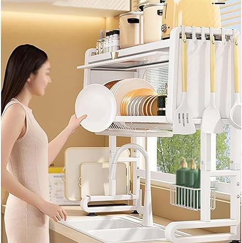 Escurridor de platos sobre el fregadero de altura ajustable, escurridor de platos de acero inoxidable de 3 niveles con soporte para utensilios para