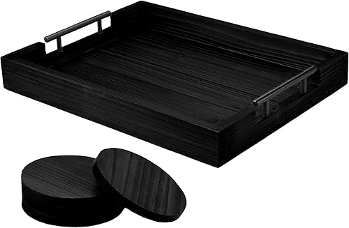 Berry Store Bandeja otomana con asa para sala de estar, juego de 4 posavasos de madera natural, bandeja rústica para servir mesa de café, bandeja