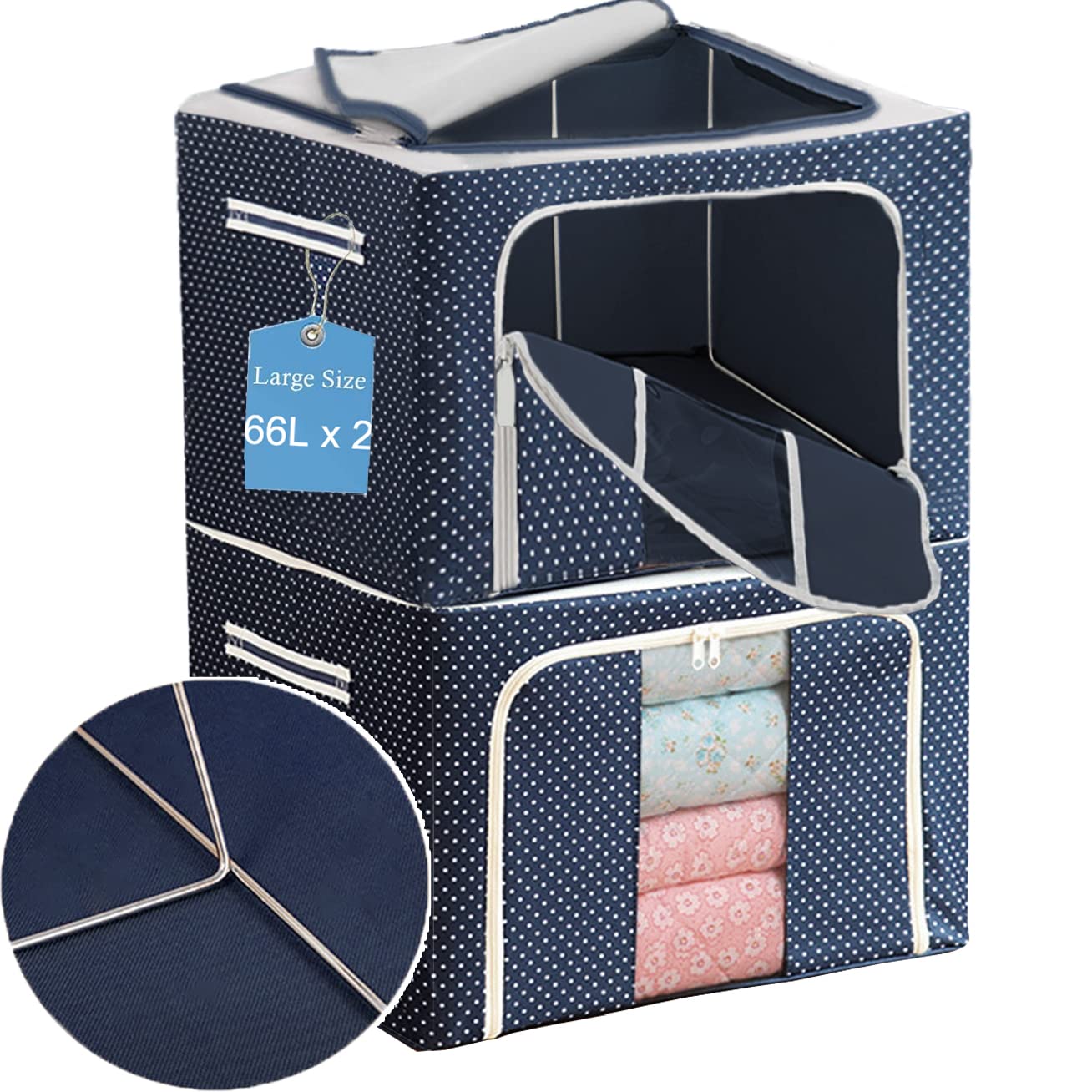 Yancorp 2PCS Oxford Cloth Steel Frame Storage Box Foldable Storage Cubes Stackable Storage Boxes Containers for Clothes Bed Sheets Blankets Bedding Pillow Shoe Holder Organizer (Blue,66L)-image-29