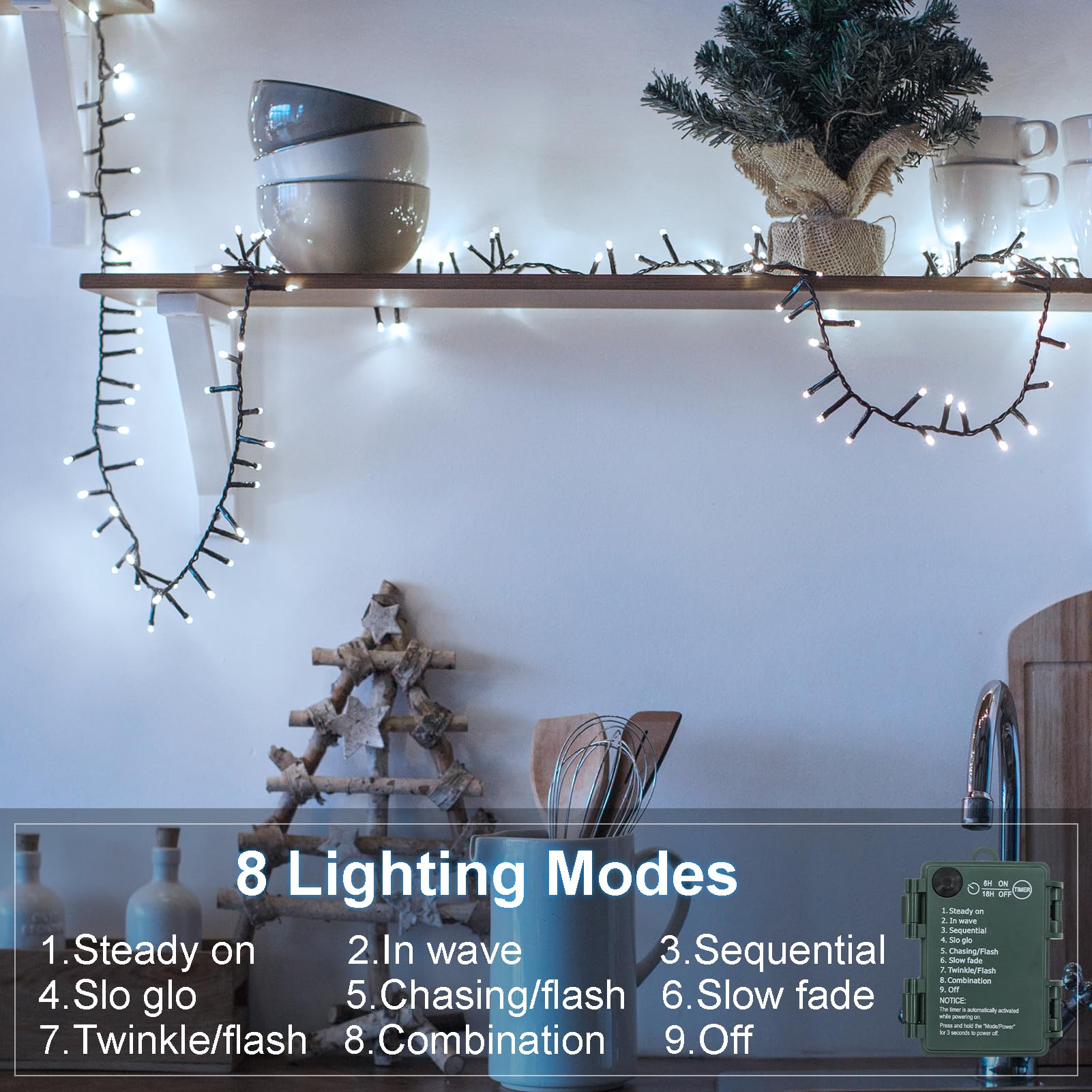BSGlobal Guirnalda de luces de racimo de batería, paquete de 2 unidades de 20 pies, 400 luces LED con temporizador, 8 modos, petardo, luces de Navidad al aire libre, impermeables, para decoración del
