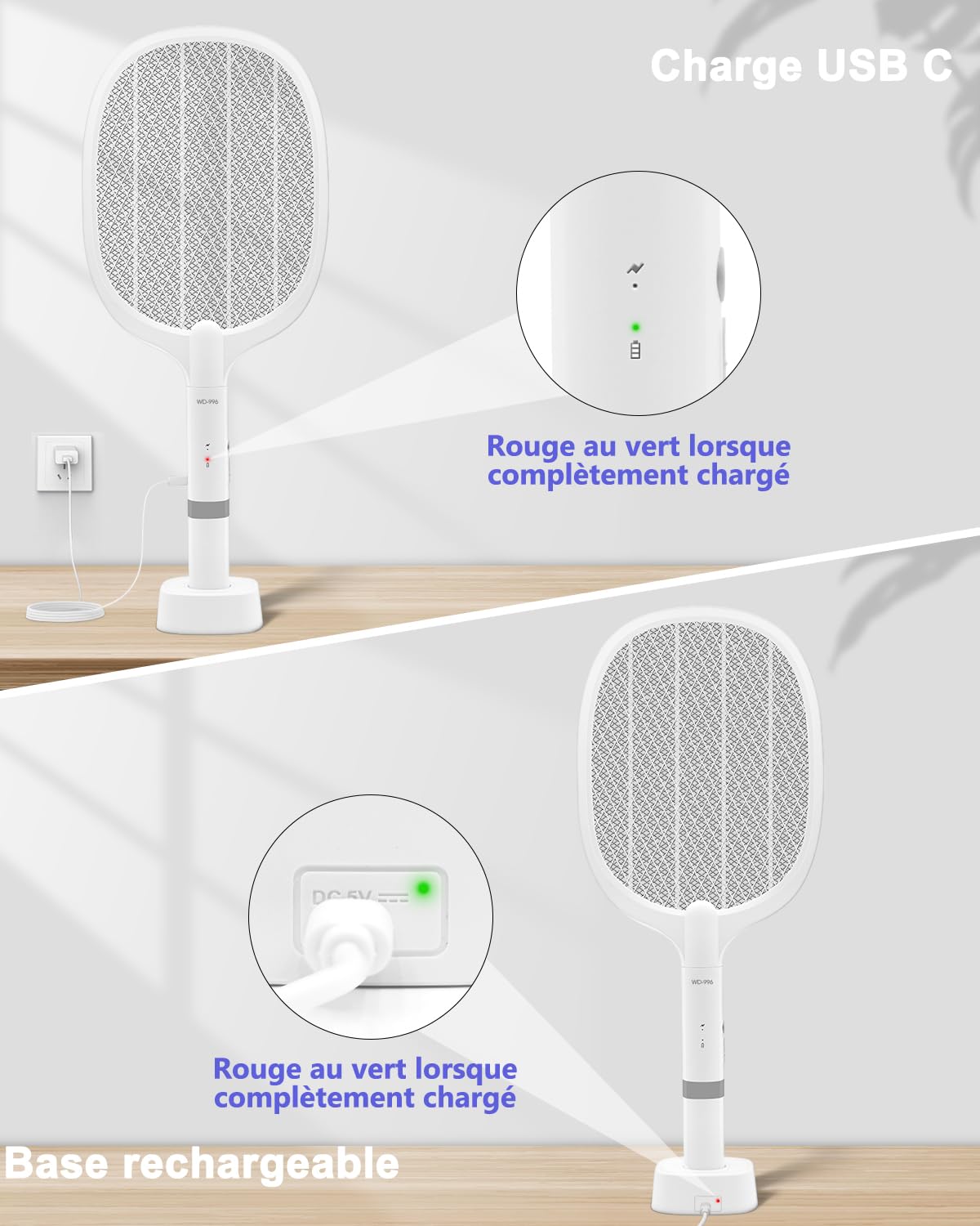 Raquette Électrique Insectes, Raquette Anti-Moustiques à Lumière UV 4000V 2 en 1, 1800mAh USB Rechargeable Tapette à Mouches Électrique avec Base de Recharge, Efficace pour Intérieur Extérieur