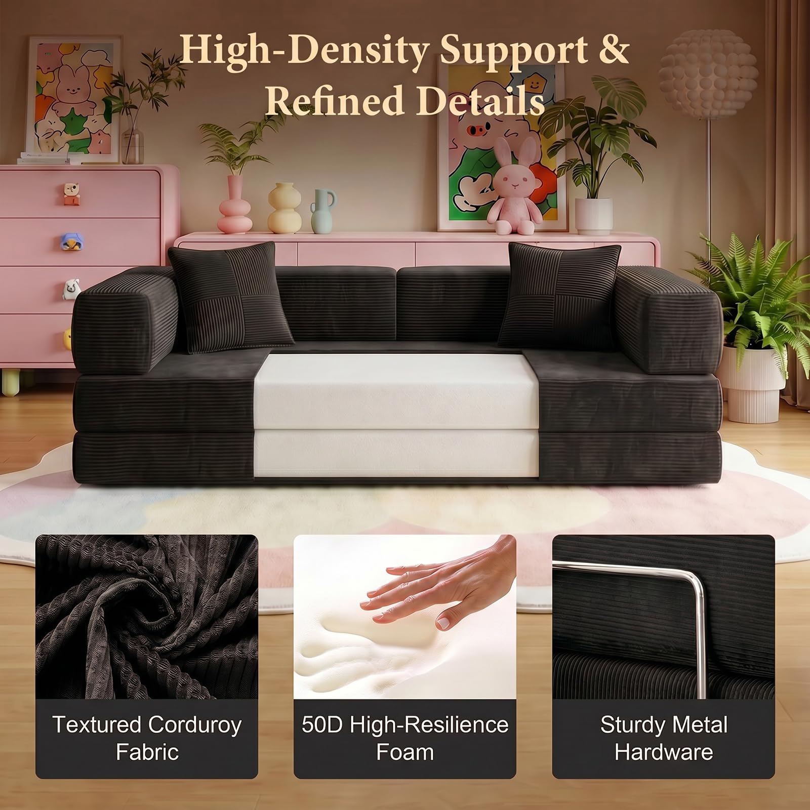 Convertible Futon Sofa Bed | 78.8” Corduroy Boneless Couch with Pull Out Sofa Bed, Comfy Futon Floor Couch with Side Pocket, Versatile Sleeper Sofa for Home & Apartment |Black