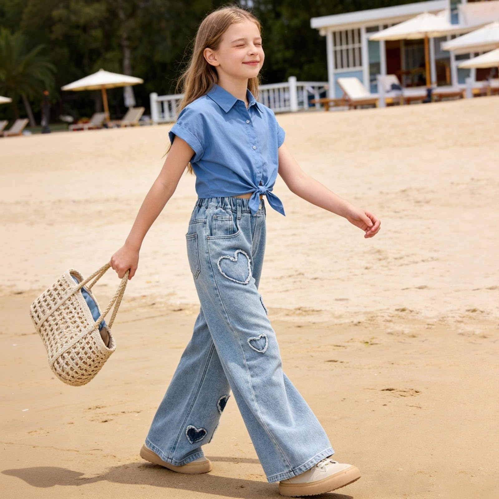 Betusline Baggy-Jeans für Mädchen, elastische Taille, lässig, weites Bein, Denim-Hose, 6–14 Jahre