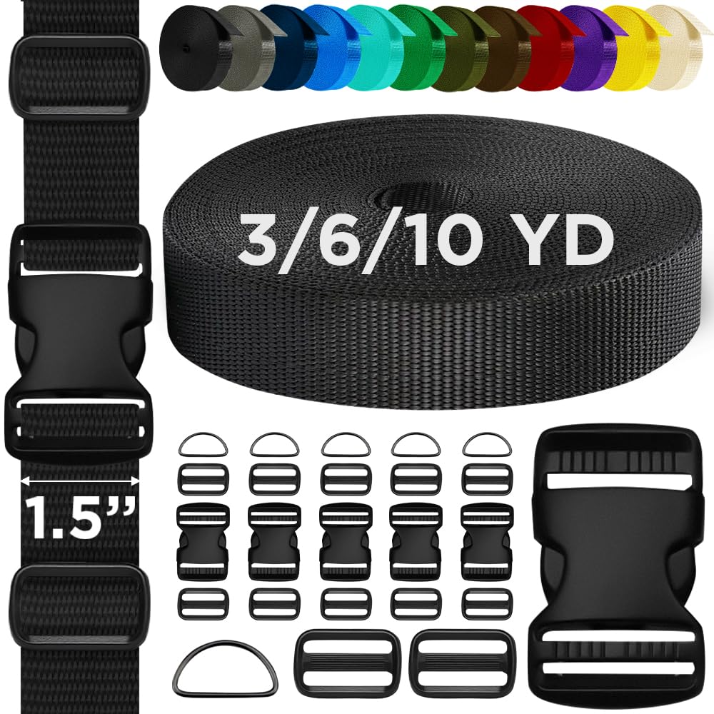 TECEUM Buckles & Strap Kit – 1.5" Black Nylon Webbing 6 (yd) – 6 Heavy Duty Adjustable Plastic Buckles – 12 Tri-Glide Slide Clips – 6 Metal D-Ring –