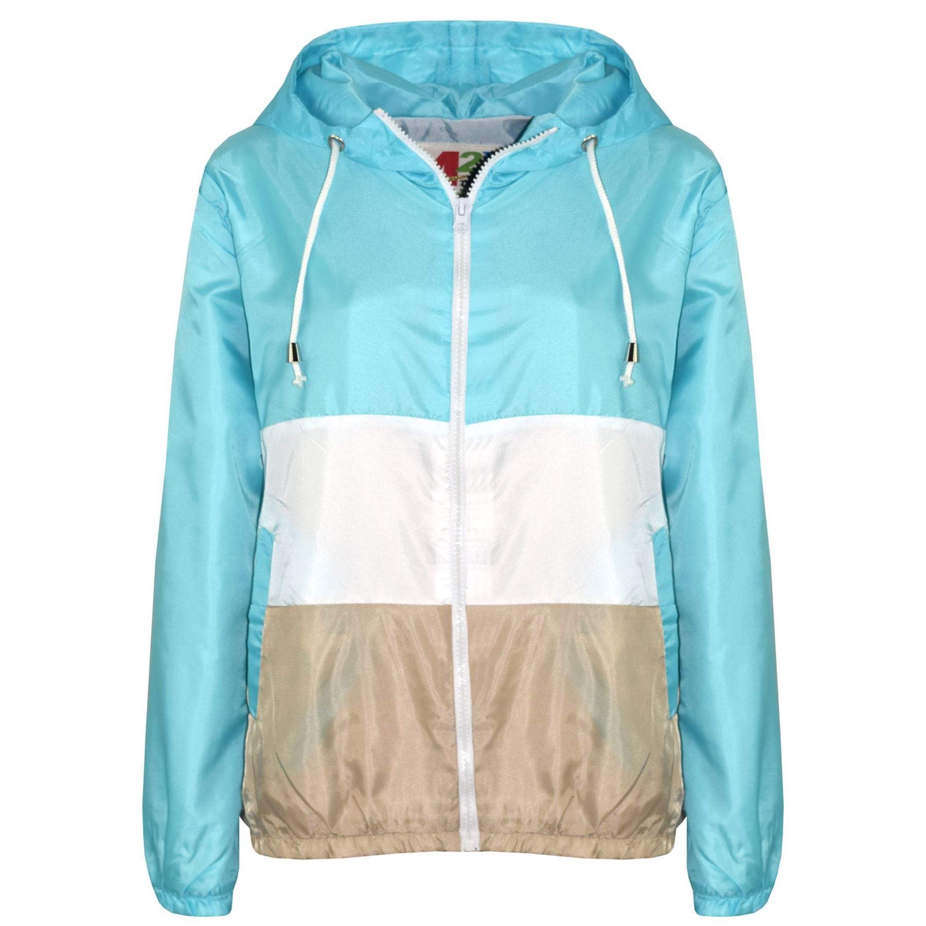 Kids Girls Boys Windbreaker Contrast Panel Jackets Hooded Raincoat Rain Mac 5-13 Aqua