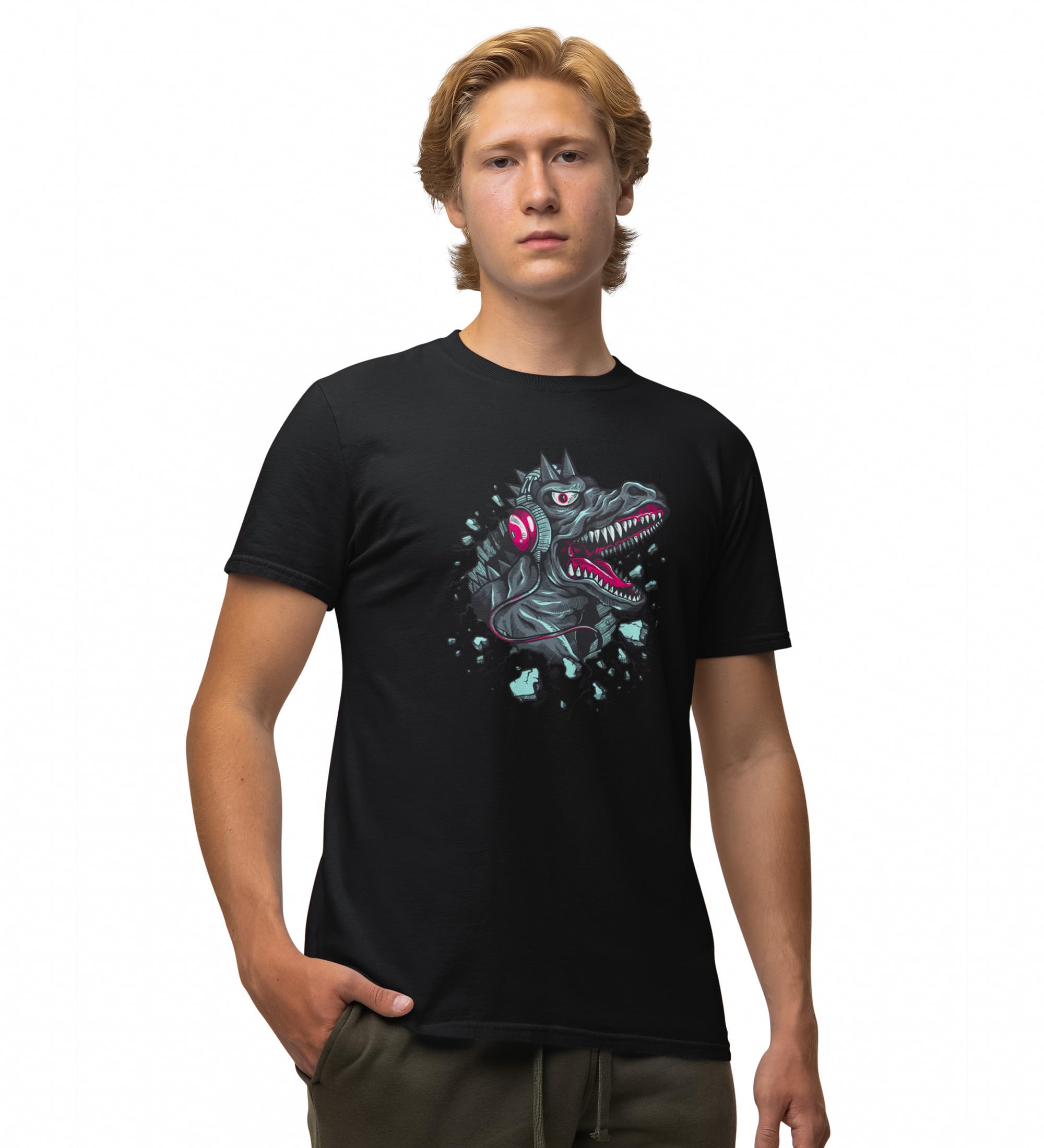 Aayansh Creation Dinasaur with Headphone Black Round Neck Cotton Half Sleeved T-Shirt with Printed Graphics-image-37