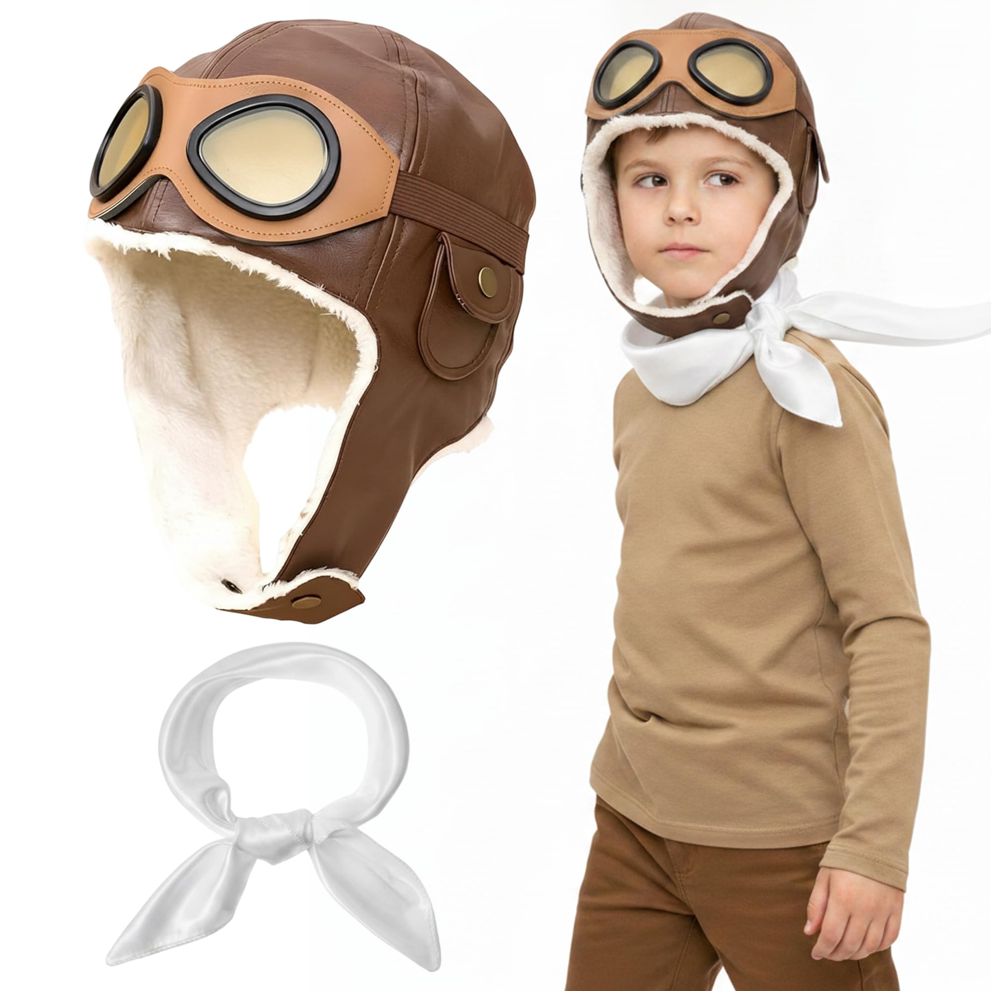 Pilot Costume Accessories Set, Brown Aviator Hat for Kids Boys Girls
