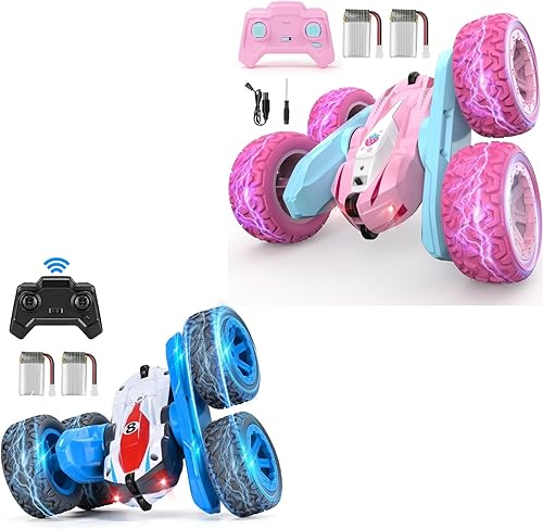 Coche de control remoto rosa y azul, camión RC recargable, 2.4Ghz de doble cara giratoria de 360° con faros, regalo de cumpleaños para niños a