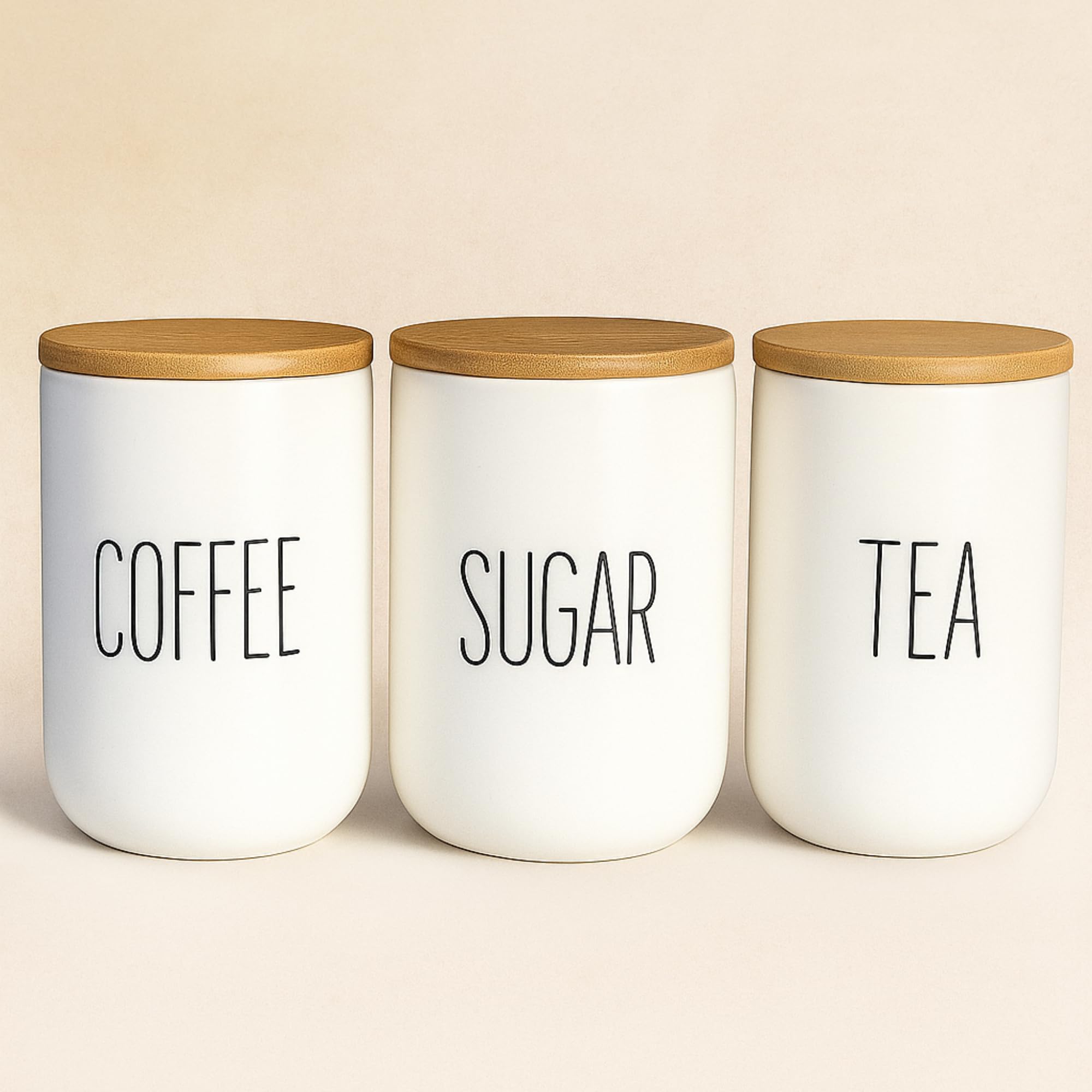 3’lü Seramik Bambu Kapaklı Beyaz Kavanoz Seti 1000 ML – Coffee/Sugar/Tea – Bambu Kapaklı