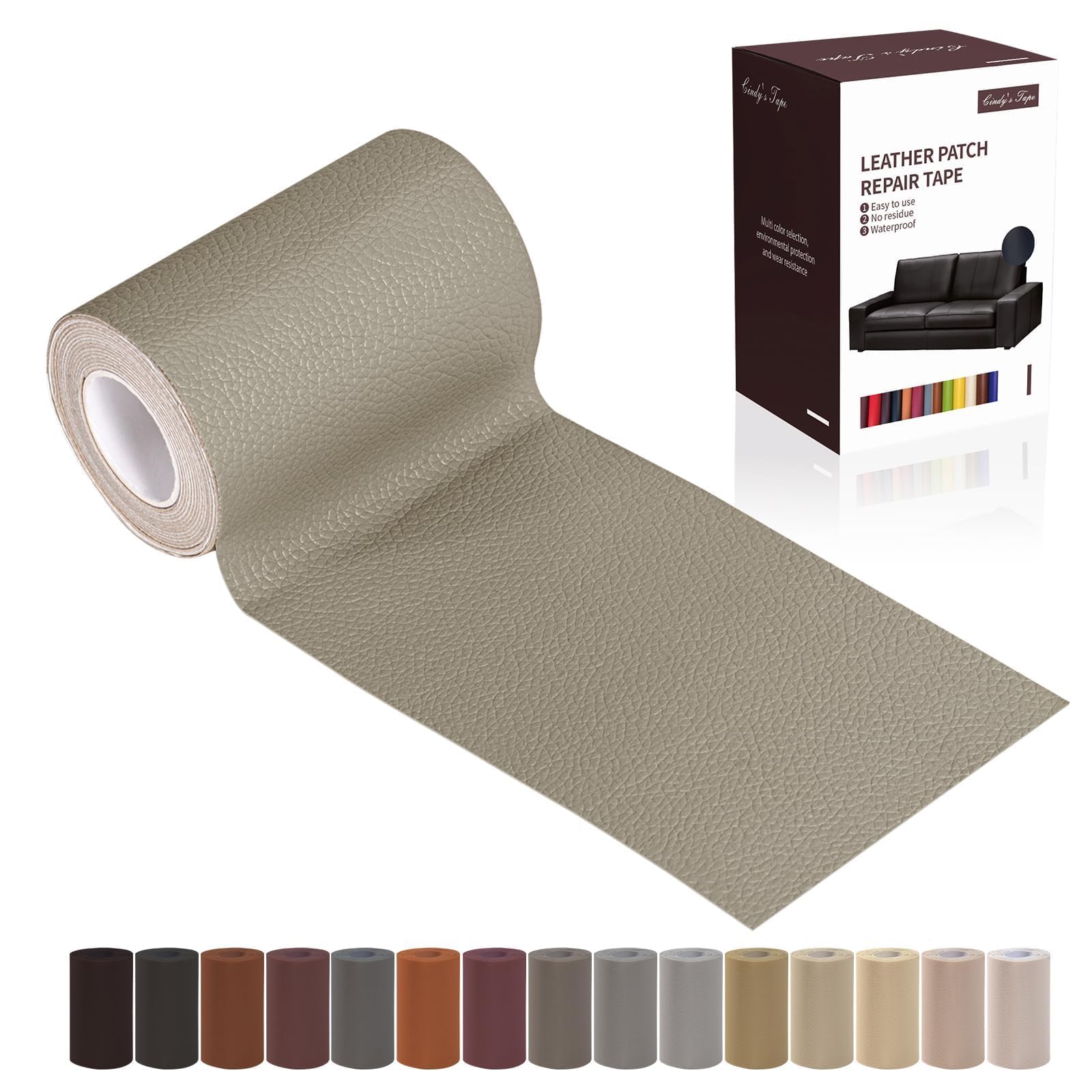 Leather Repair Patch Tape, Medium Grey Beige 3 x 61 Inches Self Adhesive Leather Repair Kit for Furniture, Car Seat,Vinyl Leather Repair Kit for