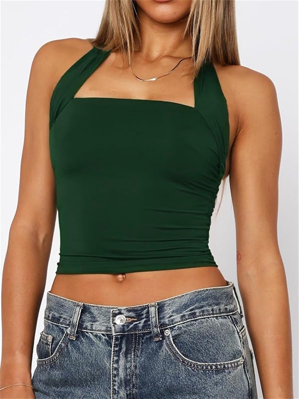 ForeFair Women Halter Neck Backless Crop Top Sexy Y2K Sleeveless Tank Top Open Back Slim Fit Tops(S,Dark Green) by ForeFair - Used condition - Image 2