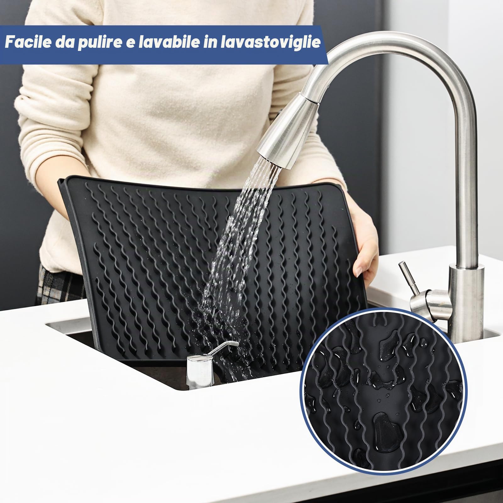 KitchenRaku Tappetino scolapiatti 40 x 33 cm, per stoviglie con superficie inclinata e scarico per un drenaggio ottimale dell'acqua (Nero)