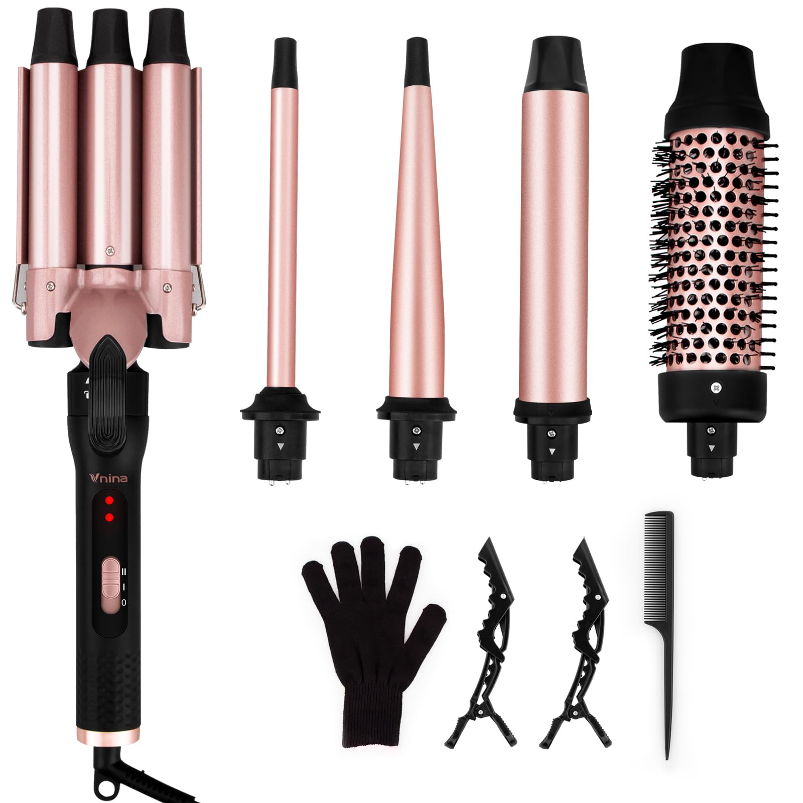 5 in 1 Curling Iron Set, 3 Barrel Curling Iron Set with Curling Brush (1.5 inch),4 Interchangeable Ceramic Curling Wand (0.5-1.25"), Instant Heat Up,