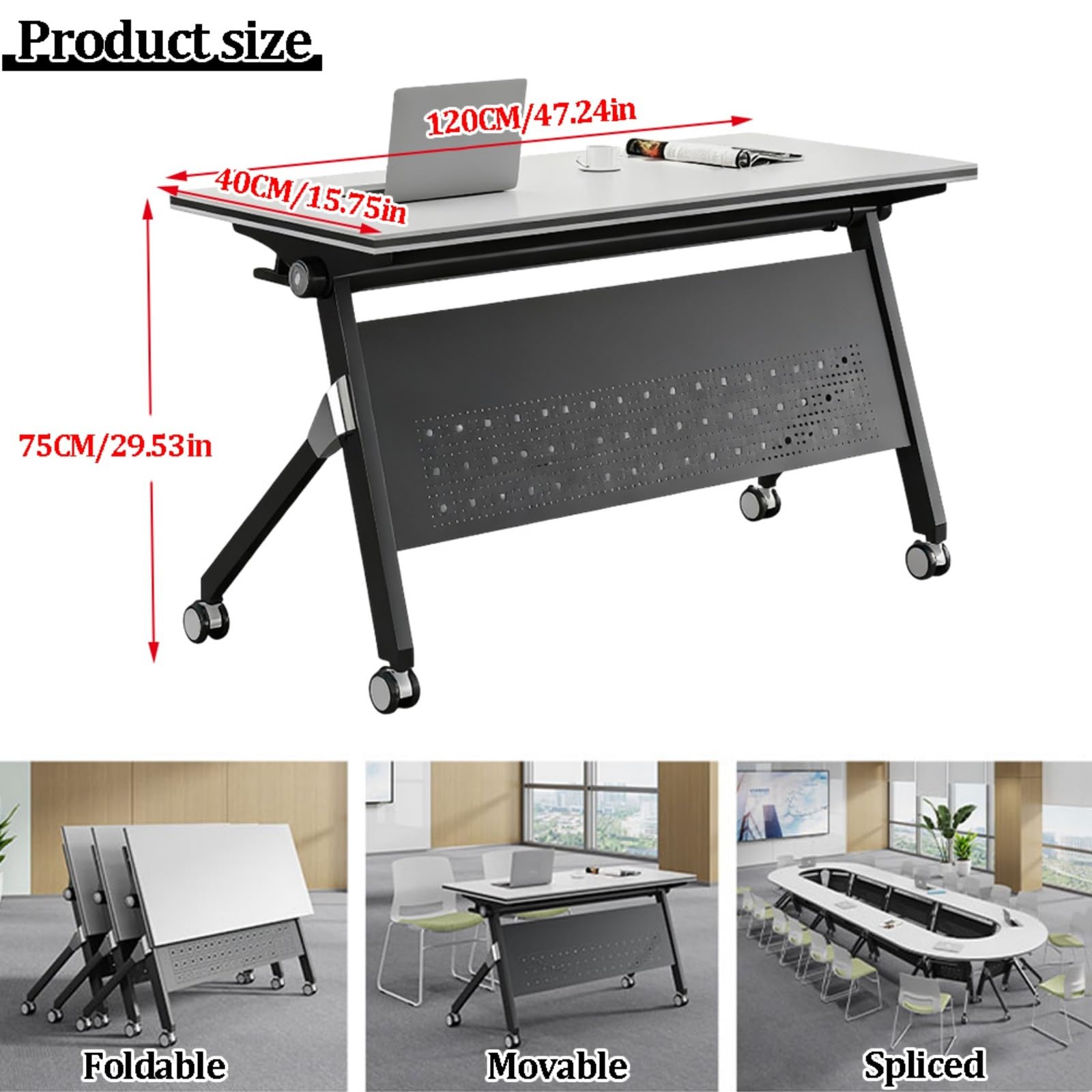 Składany stół konferencyjny, mobilne biurko konferencyjne na kółkach, 4-częściowy stół treningowy z rozwijaną listwą (120 x 40 x 75 cm) – białe, przenośne i wszechstronne