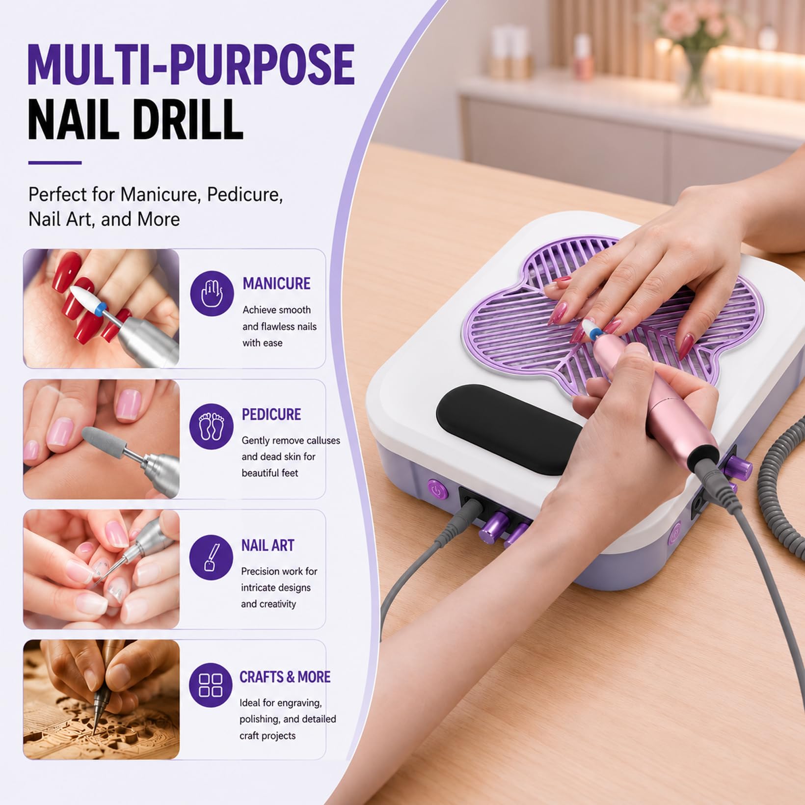 3 in 1 Professioneller Elektrische Nagelfeile | Maniküre Set Elektrisch mit Elektrischer Nagelfeile Staubabsaugung für Nägel mit UV-LED Nagellampe für Nagelkunst Nagelstudio