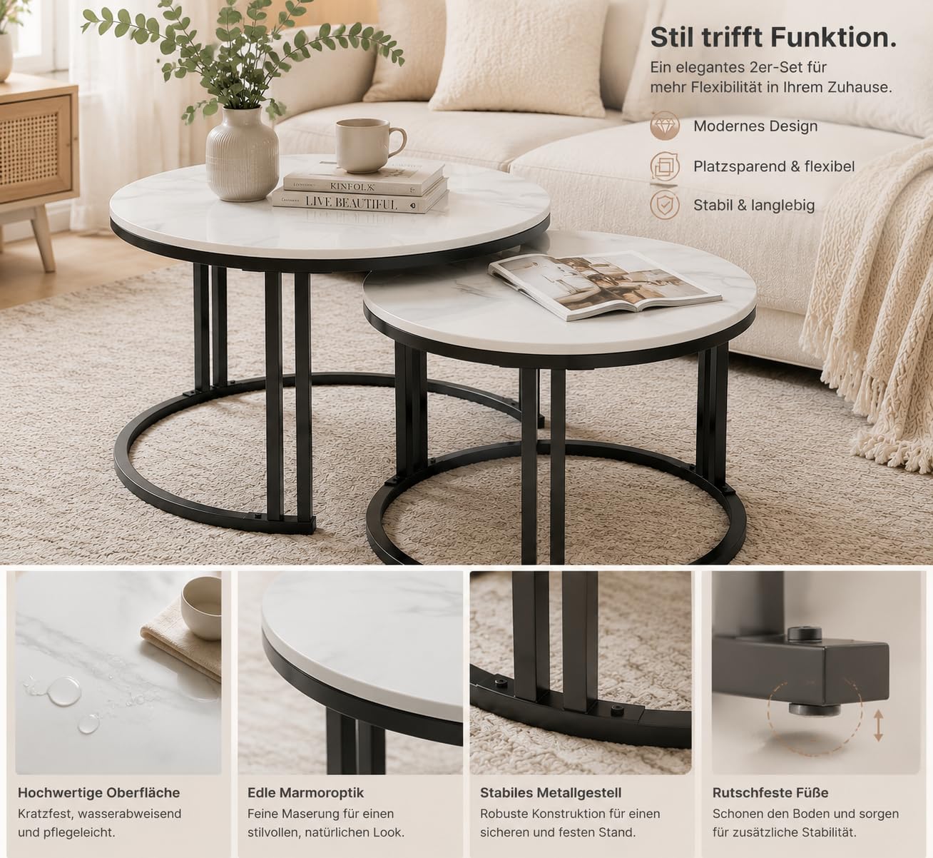 FATIVO Couchtisch Rund 2er Set Marmor Optik Weiß mit schwarz Metallrahmen