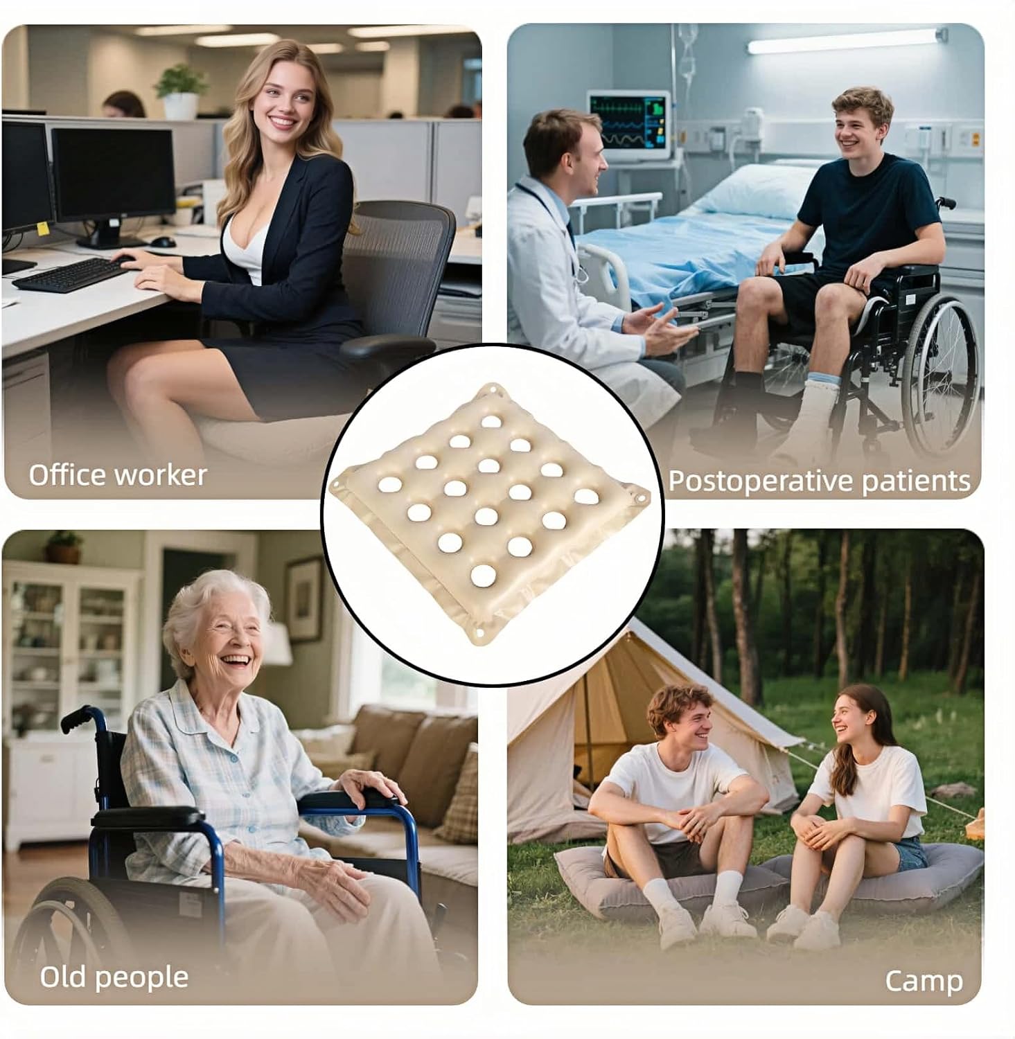 Medical Grade Wheelchair Cushion for Pressure Sores - Breathable Air Pad,Beige PVC Air Seat Pad,Pressure Relief Donut Design, Ventilated Holes,Donut Hole Design w/Hand Pump (17x17in) (Beige) - Image 4
