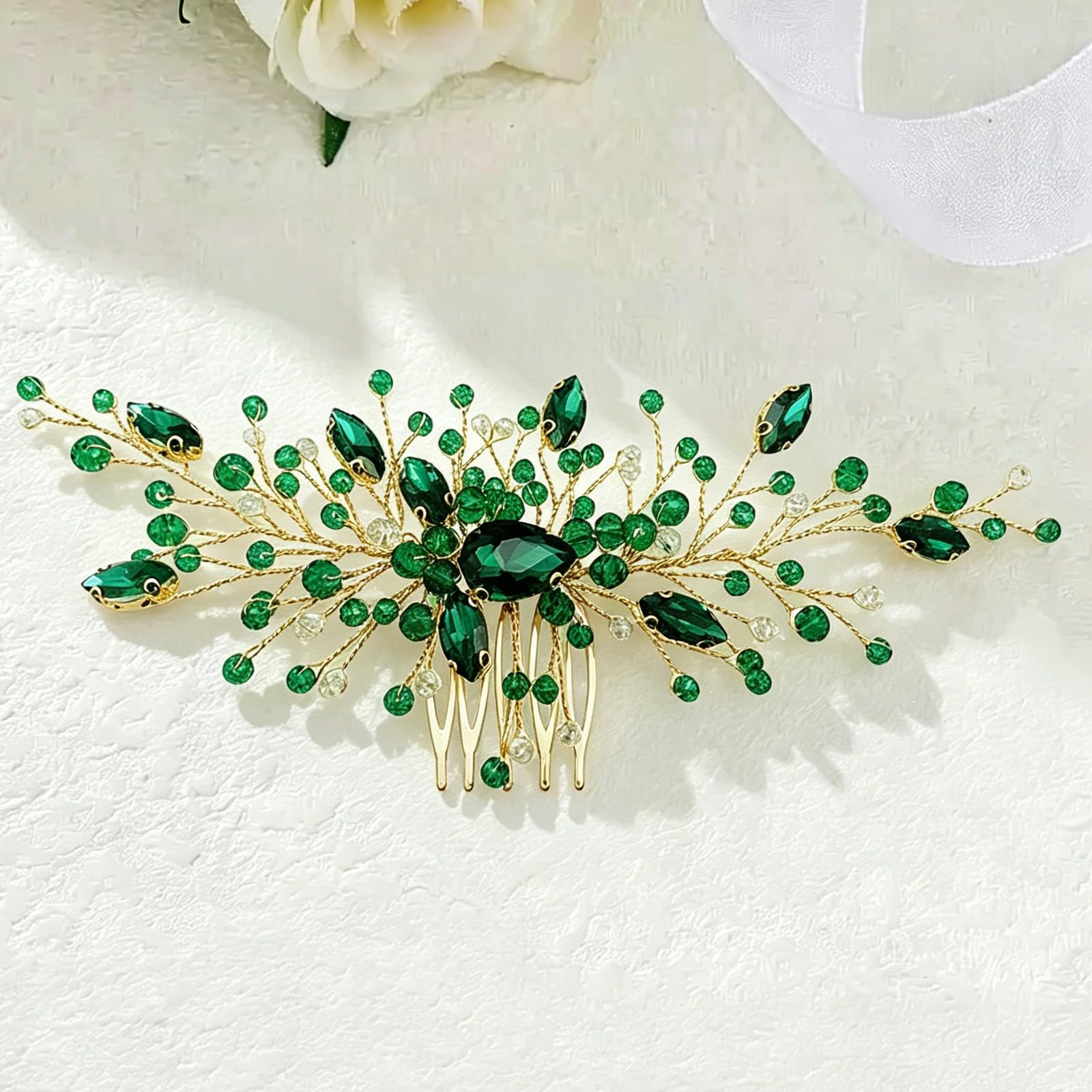 Ling & Bai Pettinino per capelli da sposa, con cristalli verdi smeraldi, accessori per capelli per donne e damigelle d'onore (verde)