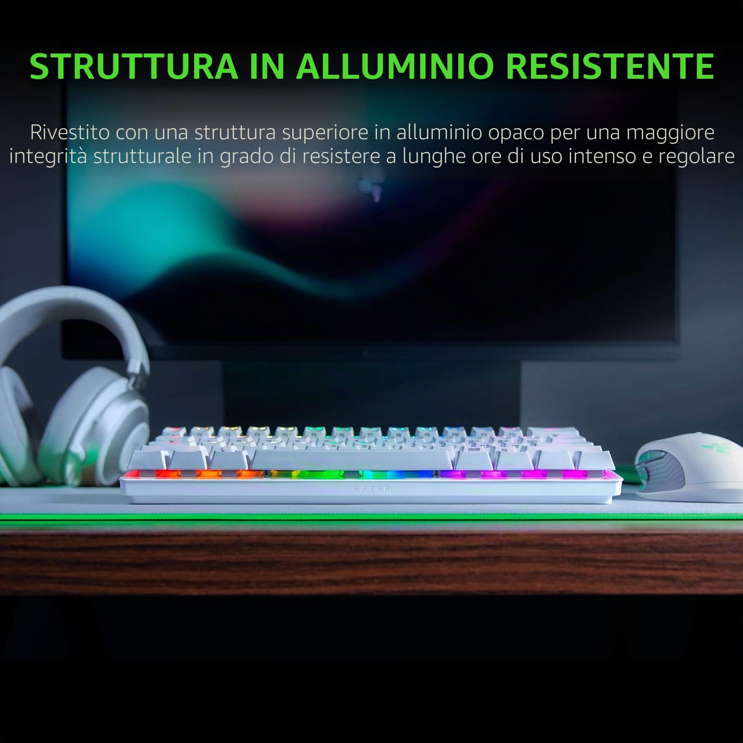 Razer Huntsman Mini (Interruttore Viola) - Tastiera da Gioco Compatta al 60% (Interruttori Ottico- a Scatto, Copri Tasti Doubleshot PBT, Cavo USB-C Staccabile) Layout USA | Mercury Bianco