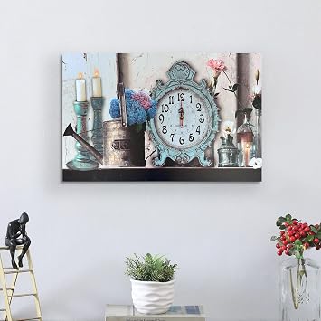 LEDSone 60x40cm Rectangular Nautical Wall Clock Vintage French Country Style Wall Clock with Floral Decor, Shabby Chic Home Decor Easy to Read Wall Clock for Bedroom Living Room (Style 05)