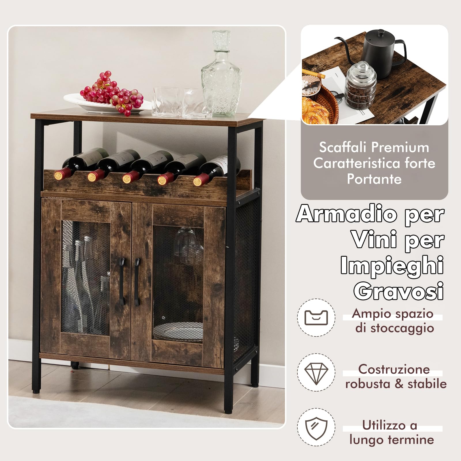 GYMAX Armadio per Vino per 5 Bottiglie Rimovibile, Armadietti di Vino con 6 Porta Calici, Mobile da Vino in Rete Metallica per Cucina, Sala da Pranzo, Industriale, 60 x 34 x 79 cm (Marrone)