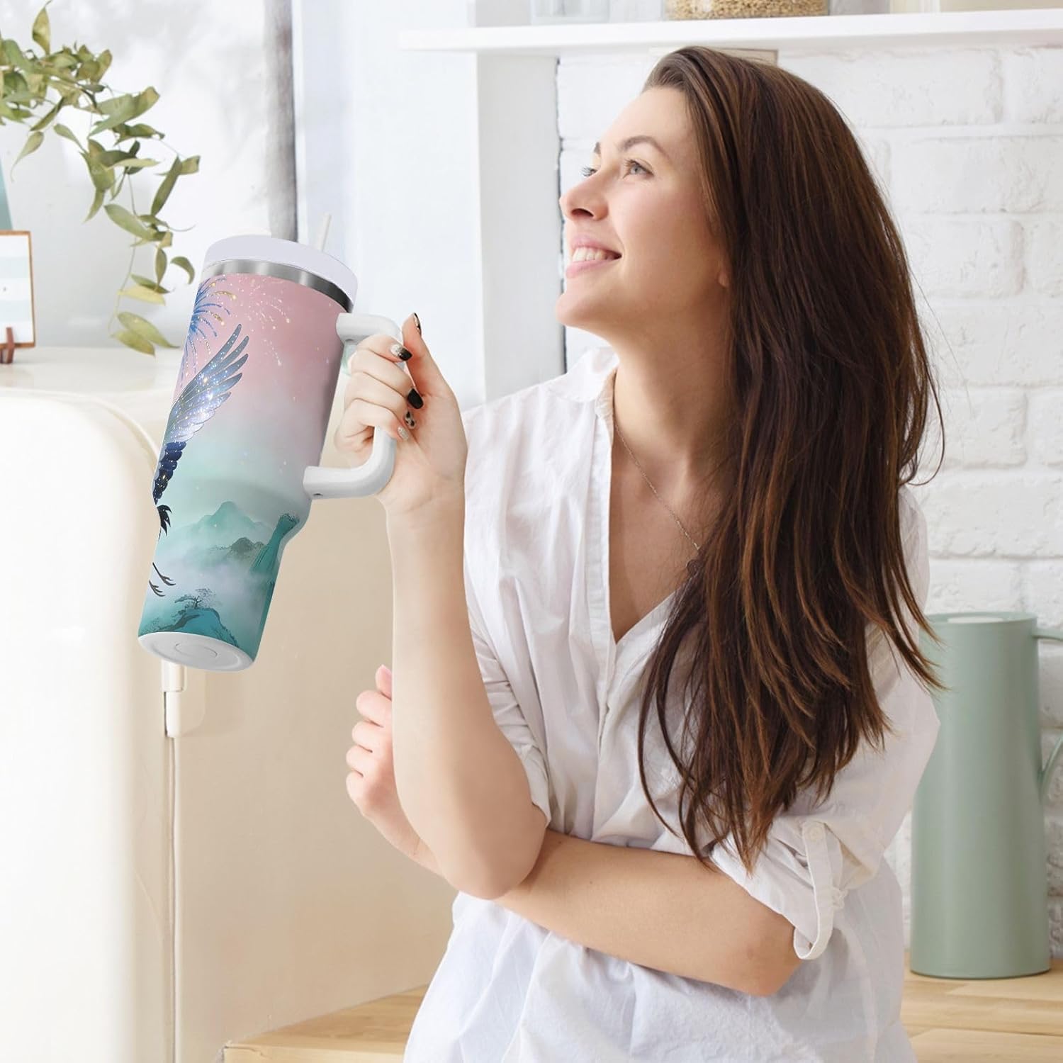 Crane Pattern Vacuum 40 oz Tumbler with Straw Lid Kids Stainless Steel Water Bottle Reusable Extra Large Coffee Mug Gifts for Women Men Him Her