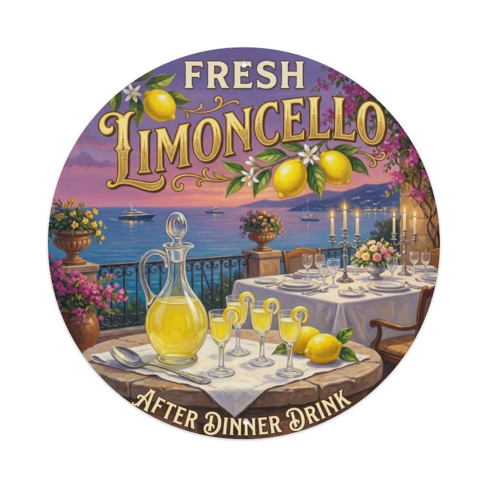 Fqcyn Style Classic Limoncello Elixir Metal Tin Sign Plaque Wall Decor For Cafe, Club Bar, Office, Home Garden Round Metal Poster 8X8inch