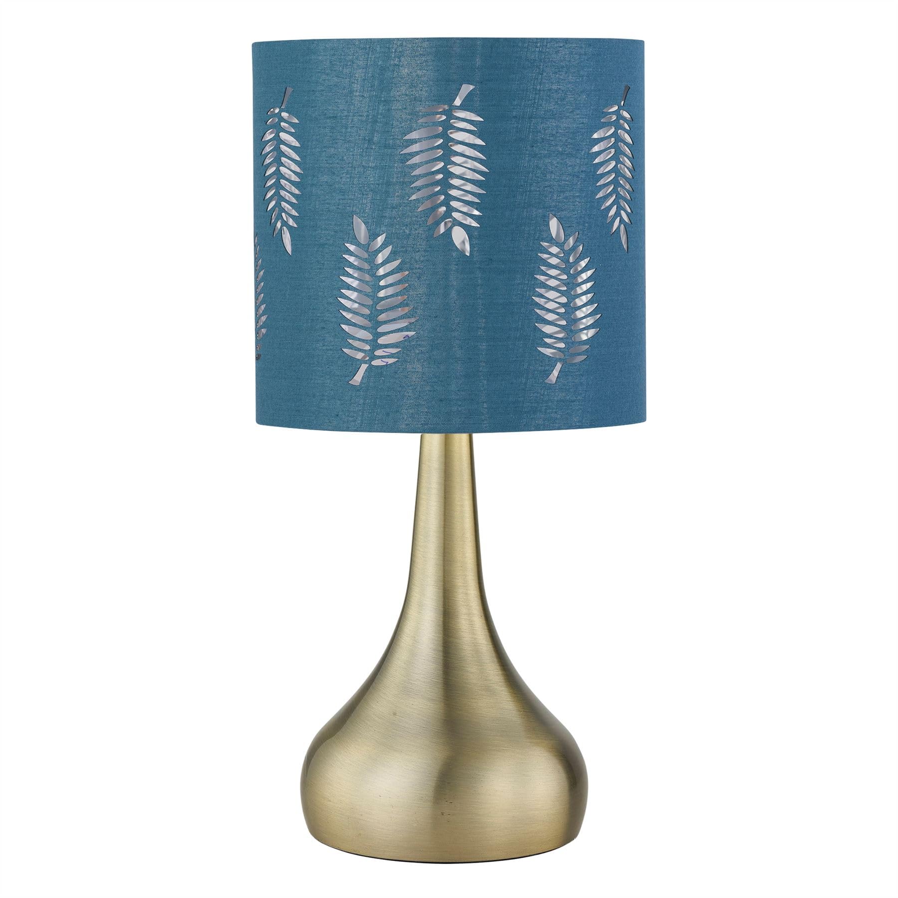 Firstchoicelighting Antique Brass & Teal Antique Brass Touch Operated Table Lamp Or Bedside Light, Modern Design, Height 36Cm, Teal Fern Shade, Led Compatible