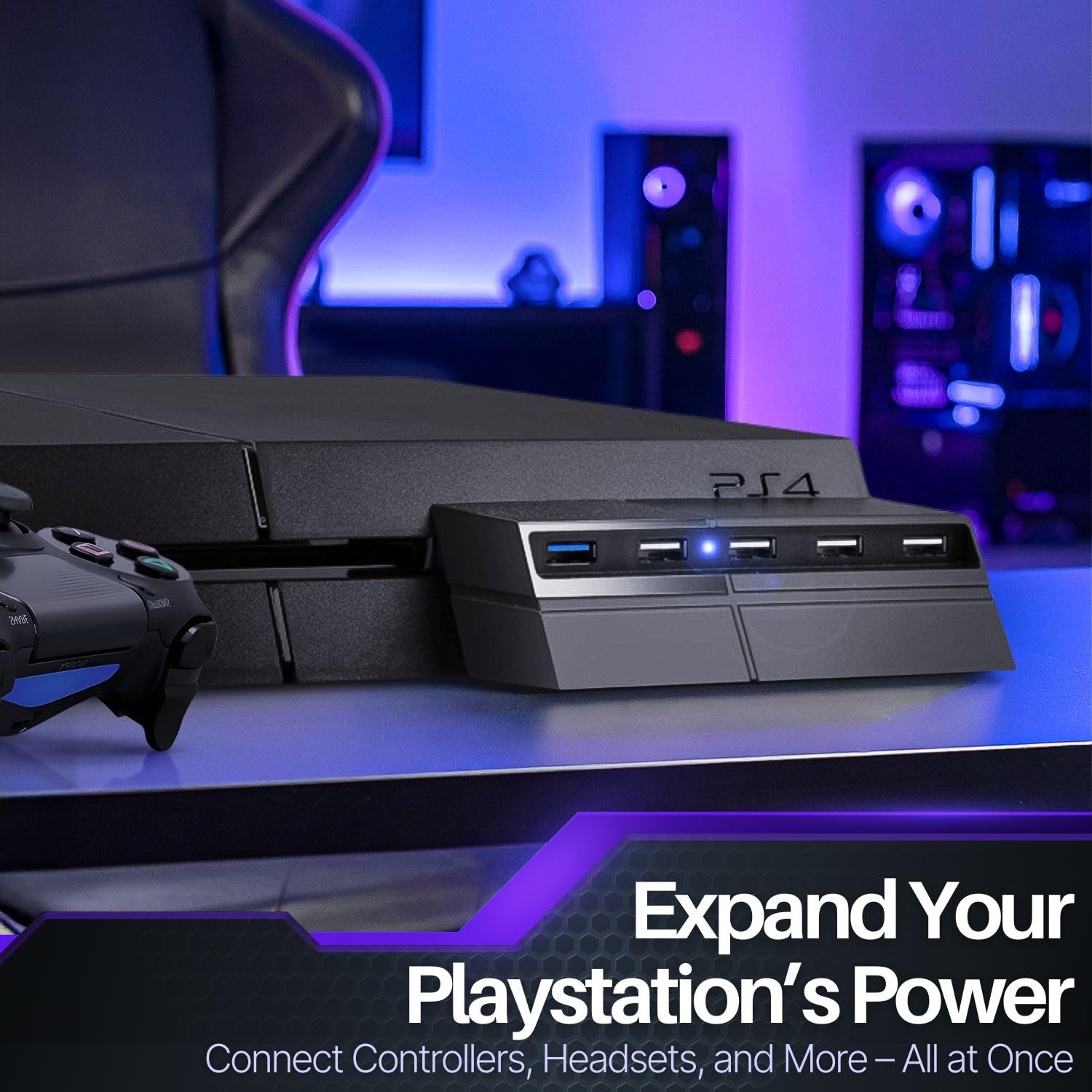 TNP USB Erweiterung, 5 Port USB Hub 3.0/2.0 für Sony Playstation 4 Konsole, USB Verteiler Adapter Zubehör für Controller, Erweiterungsadapter mit LED Indicator, schwarz