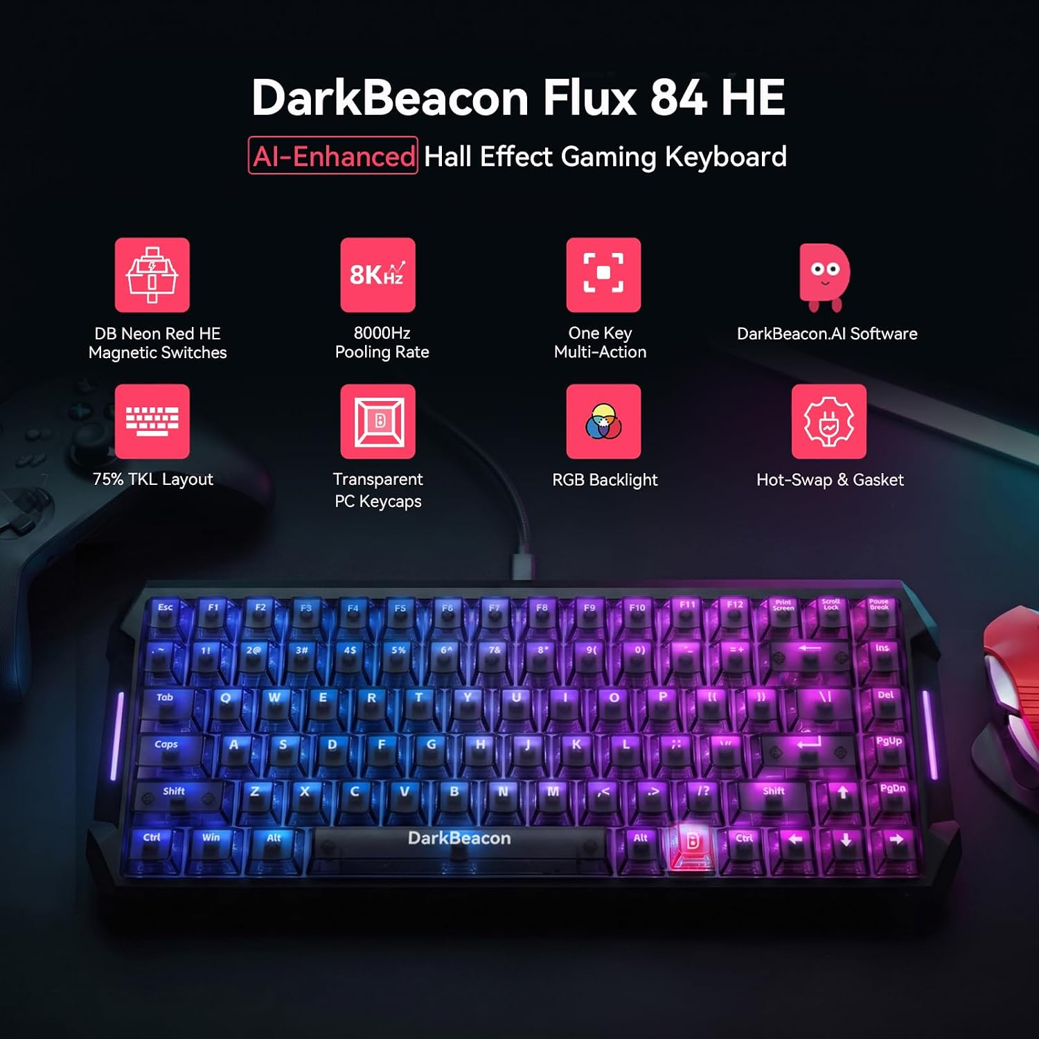 DarkBeacon Flux84 HE Hall Effect Gaming Keyboard, Rapid Trigger, Adjustable Actuation 0.01-3.5 mm, Magnetic Switch, 8000Hz Polling, RGB Backlit, 85% Wired Mechanical Keyboard for PC Laptop Gamer image 2