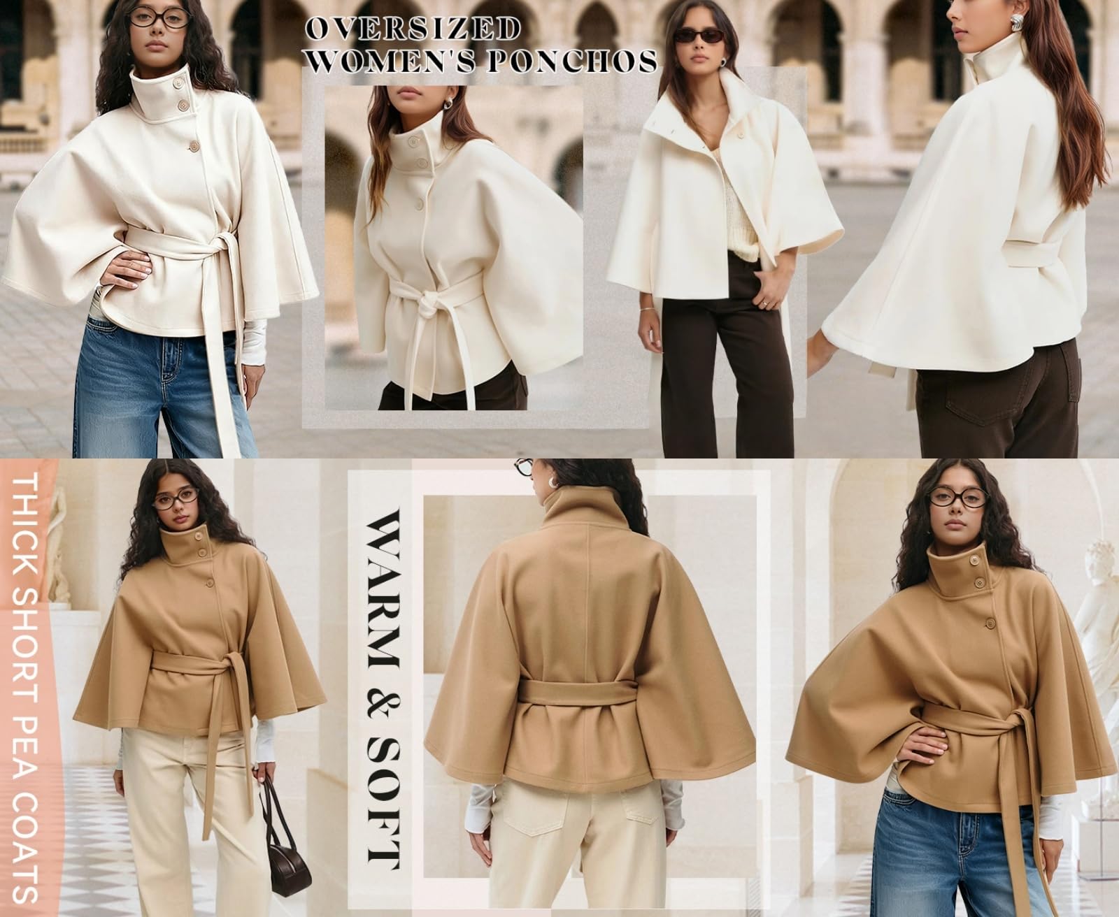 Generisch Poncho de lana con mangas de murciélago para mujer, con cinturón, cuello alto, chaqueta de capa corta