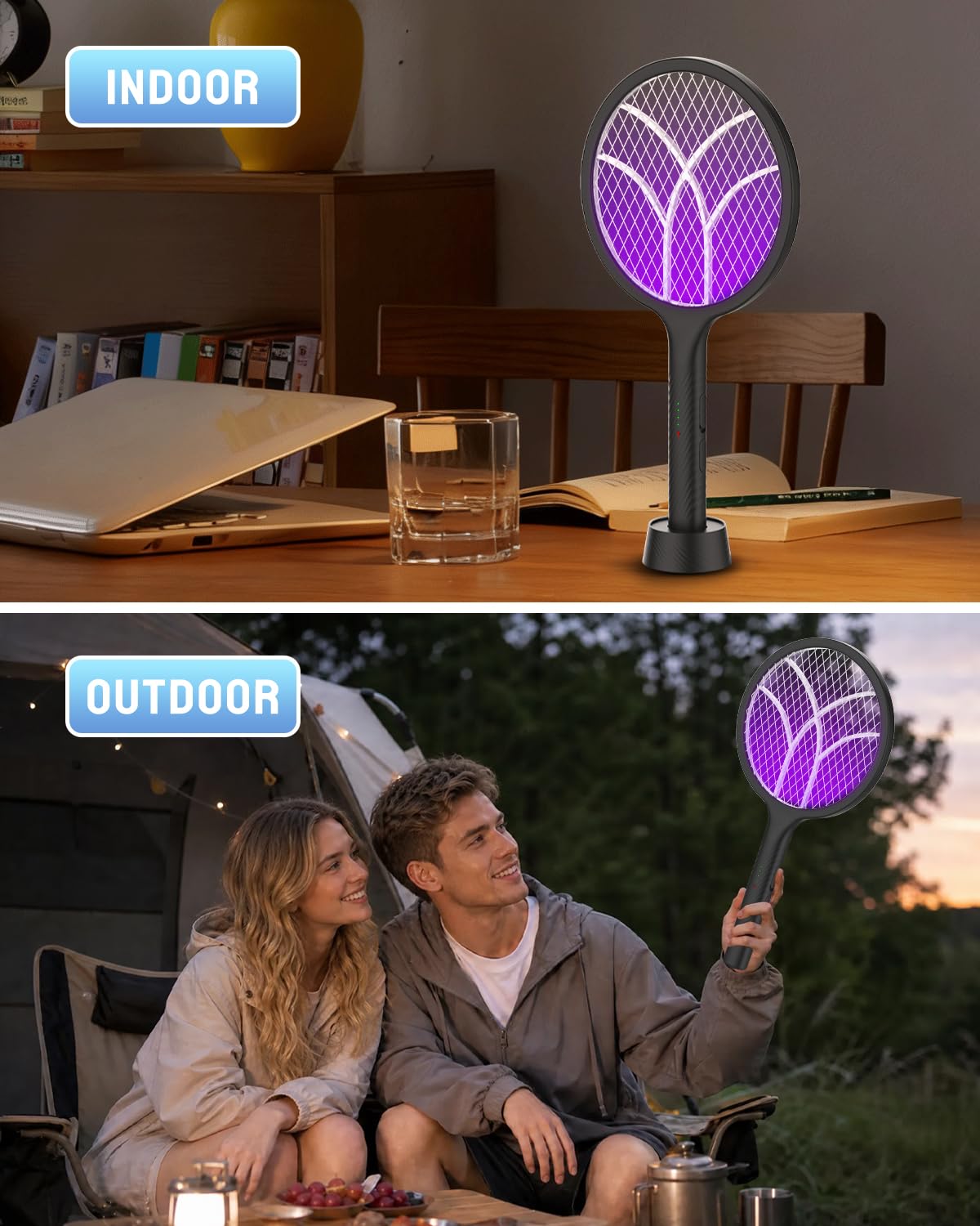 Mosiller Elektrischer Fliegenklatschen-Schläger, 4000 V Insektenvernichter mit 1800 mAh und Dual-Modi, 2-in-1 wiederaufladbarer violetter Mückenlichtvernichter mit 3-lagigem Sicherheitsnetz für