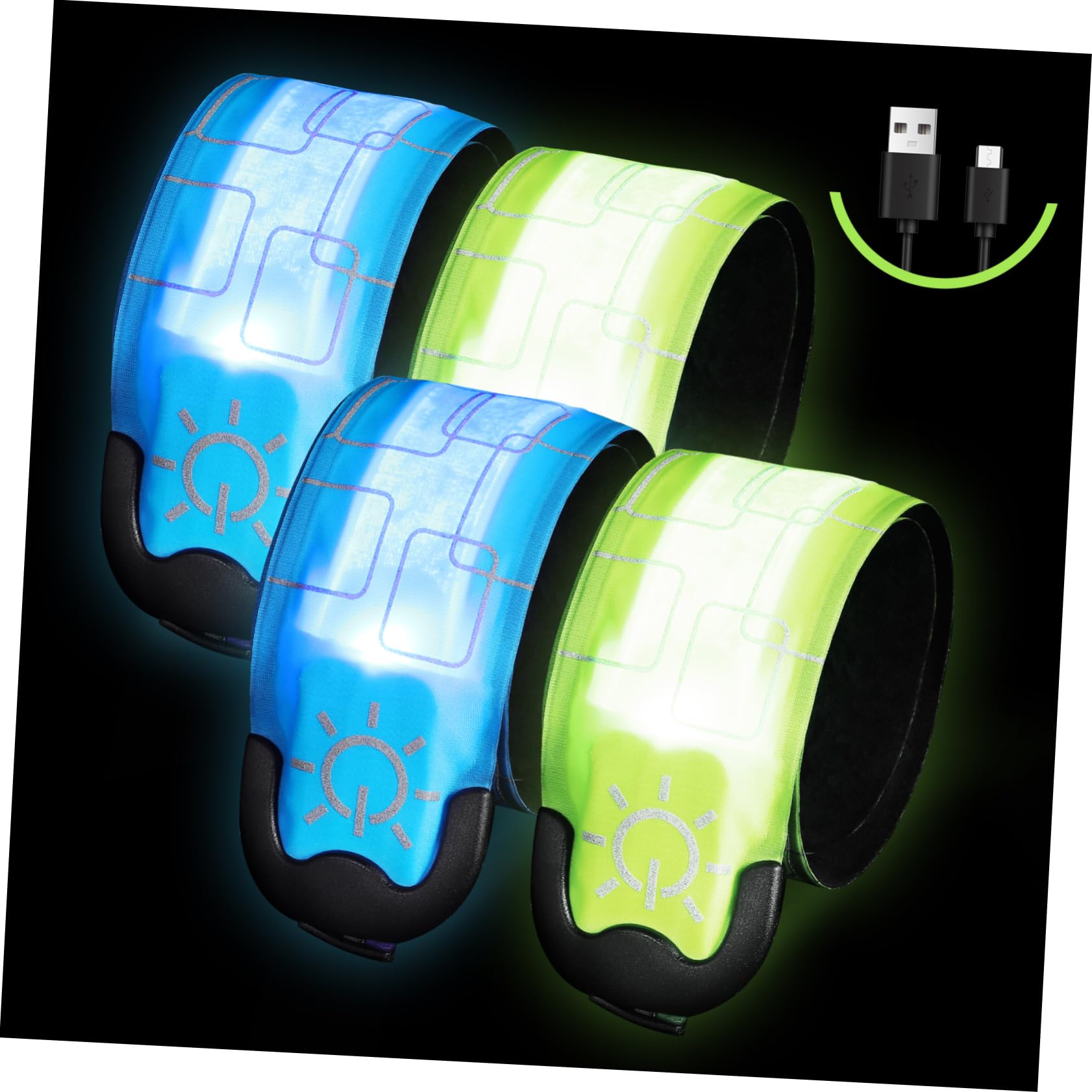 UKCOCO 4 Pezzi Braccialetti LED Ricaricabili in PVC ad Alta visibilità per Ciclismo e Passeggiate Animali Bracciali Luminosi da Polso Slap Armband Sicurezza Notturna