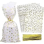 COQOFA 200 Pcs Star Printed 6X10 Gift Wrap Cello Cellophane Treat Bags Party Favor bags Clear Candy Cookie Bags Plastic Poly Goodie Storage Bags with Twist Ties for Bakery,Birthday, Wedding ,Party Decorations (Gold)