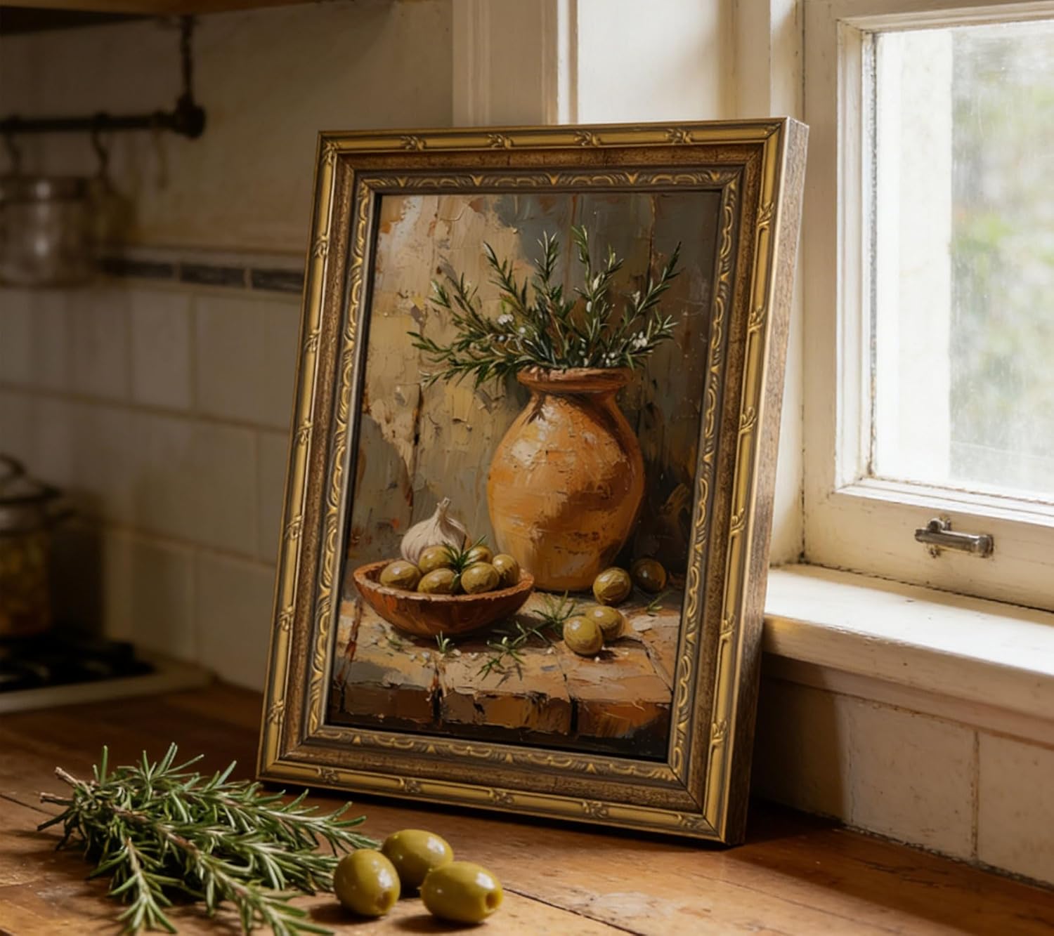 Vintage Gold Framed Canvas Wall Art Rustic Farmhouse Style Painting Picture Wall Decor Vintage Countryside Olive Still Life Oil Painting Poster Print Artwork for Restaurant Kitchen Home Decoration