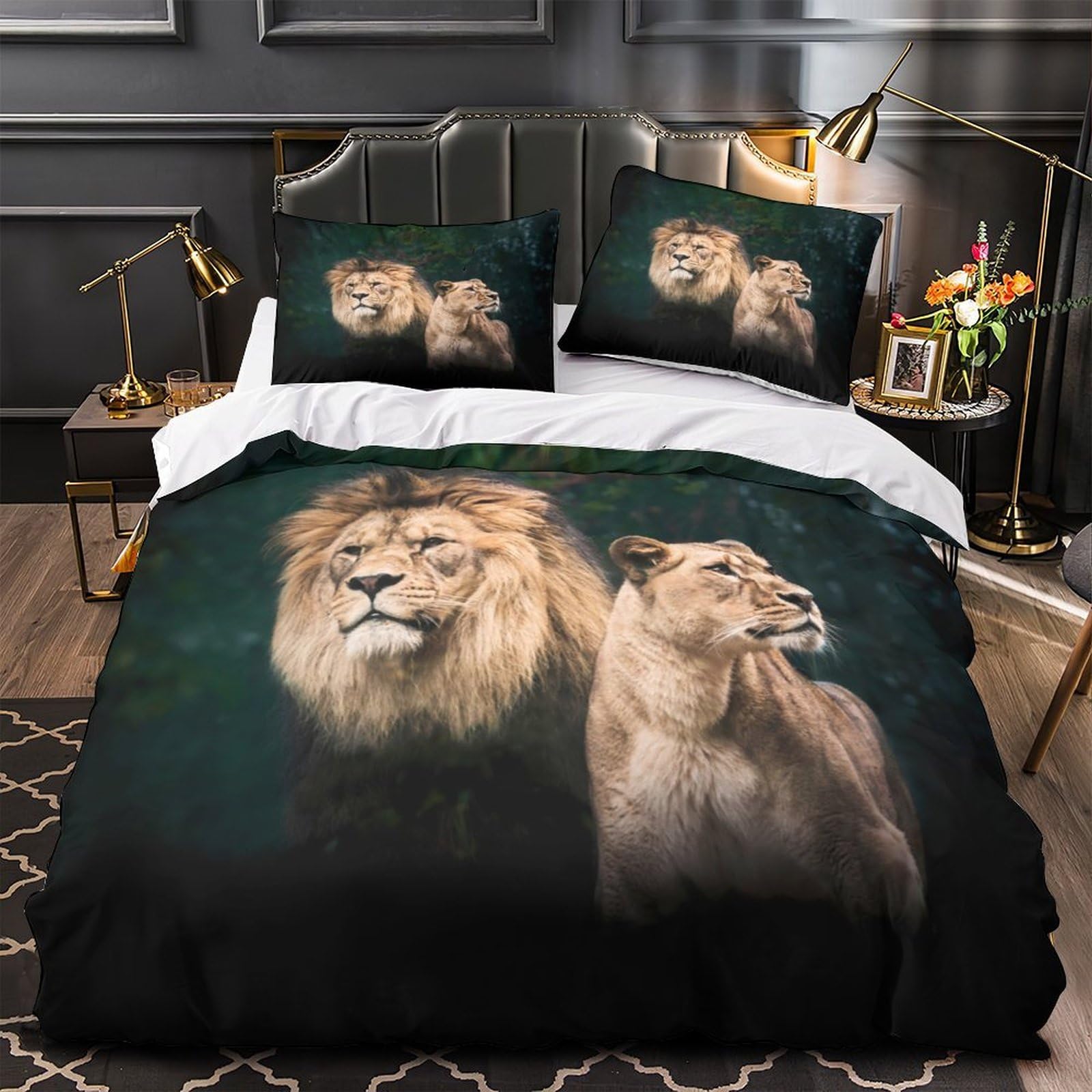 Housse de Couette Lion 3D 200x200 cm avec 2 Taies d'Oreiller en Microfibres